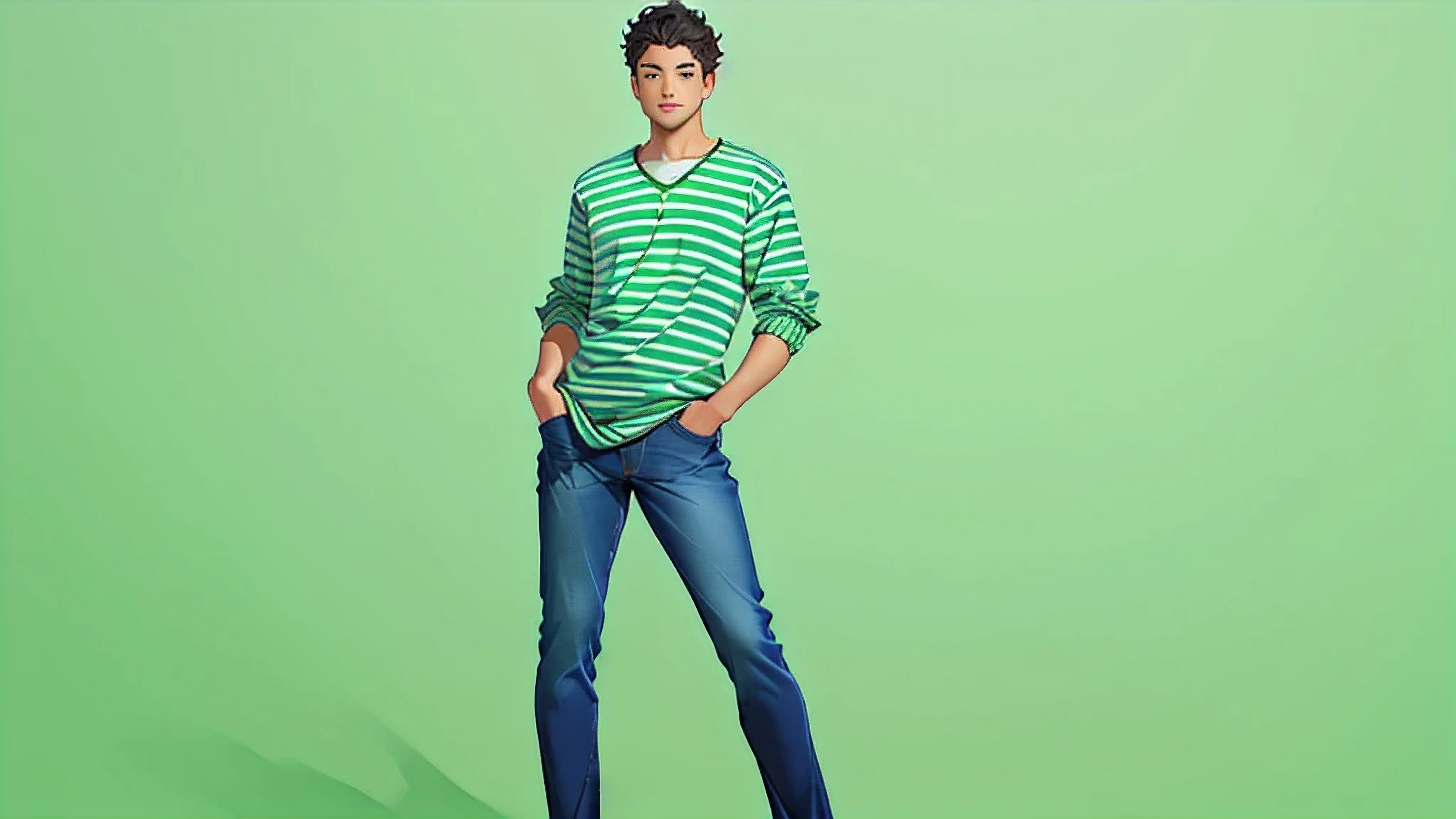 arafed man in a striped shirt and jeans standing against a green background, full body portrait shot, full body photogenic shot, full body photograph, full body portrait posing, portrait full body, full body photo, long full body shot, full body picture, confident relaxed pose, wearing stripe shirt, wearing a green sweater, wearing casual clothes, wearing green clothing