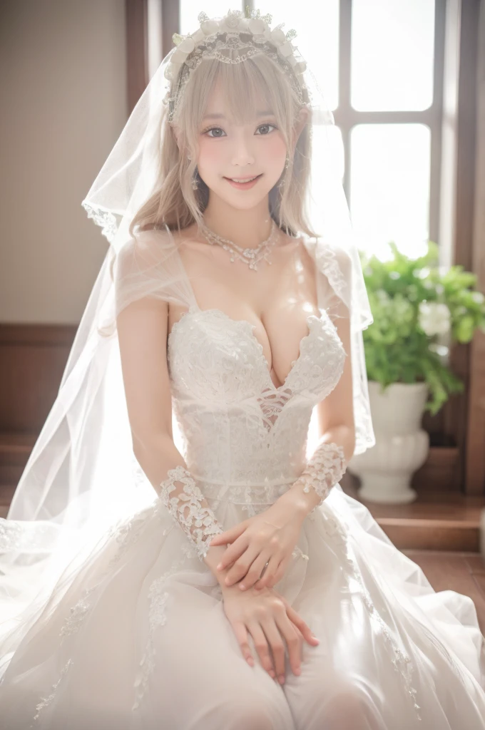 best quality, 8k, very delicate and beautiful, highly detailed face and skin texture, shiny skin, high resolution, big tits japanese girl in bride dress smile at white church, full body, sharp focus