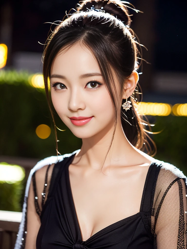 a gorgeous lady in a Bow Front Flounce Sleeve 2-in-1 Dress, standing under night sky, dimpled smile, short ponytail, in a natural pose, photorealistic, beautiful detailed eyes, well-endowed bosom, hyper-realism, high contrast, ultra HD, realistic skin textures, top image quality, top-quality, super high resolution, fine details, very meticulously, bokeh background