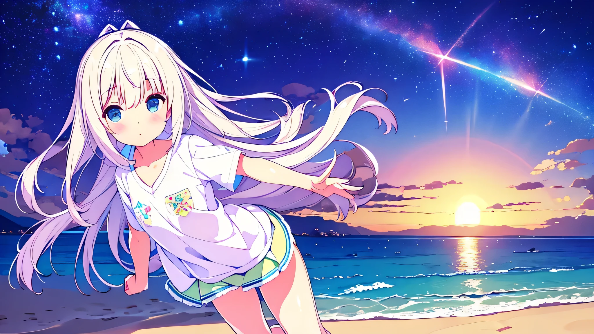Una linda camisa blanca que la deja ver. 、Falda de vuelo celeste con volantes、Se levanta la falda con ambas manos para lucir su linda ropa interior blanca.、Linda ropa interior blanca visible cuando se levanta la falda.、Playa de arena, Mar hermoso, noche y cielo estrellado