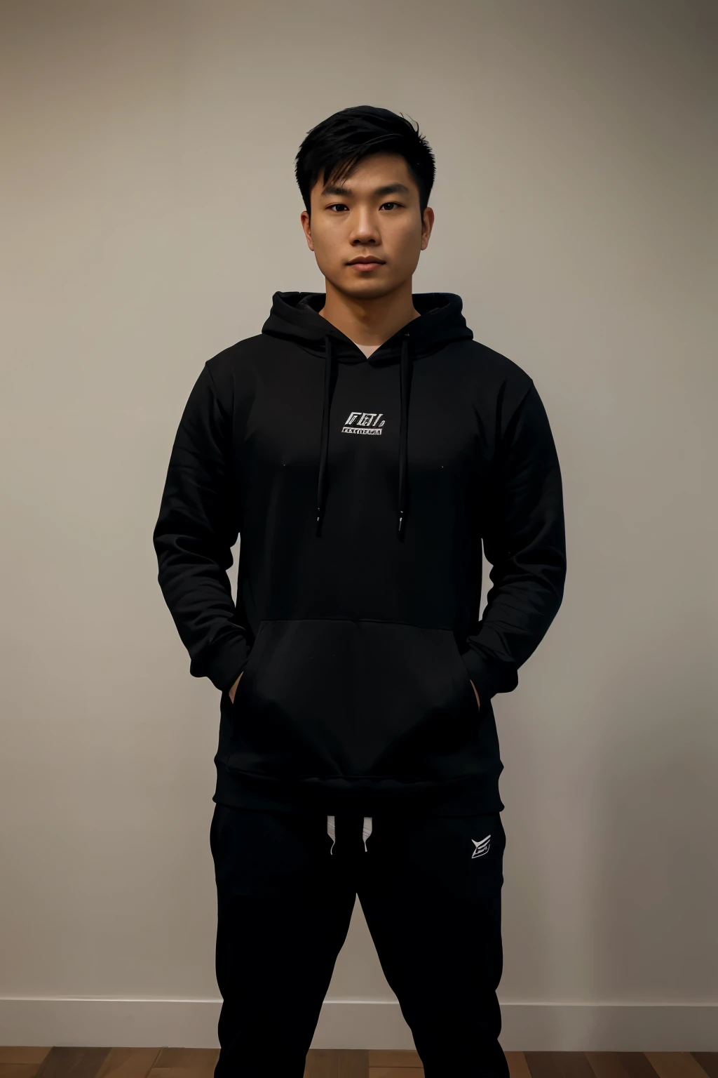 athletic asian man wearing black hoodie, full body, hands on hoodie pockets, body straight to the camera, soft natural lighting