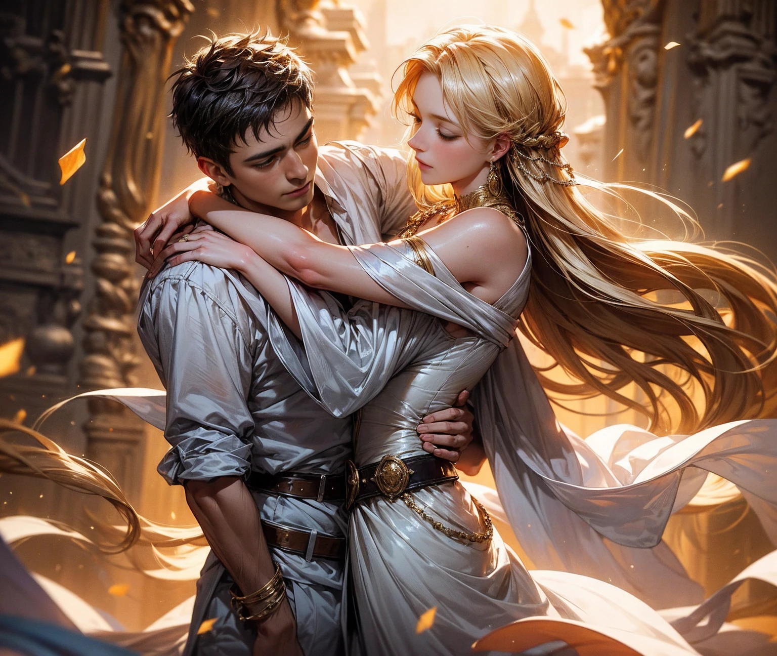 a beautiful elegant woman with long flowing white dress and golden belt, intimate warm loving embrace with roman emperor constantine the great, pure blissful love, lyrical high vibration, detailed portrait, cinematic dramatic lighting, photorealistic, 8k, best quality