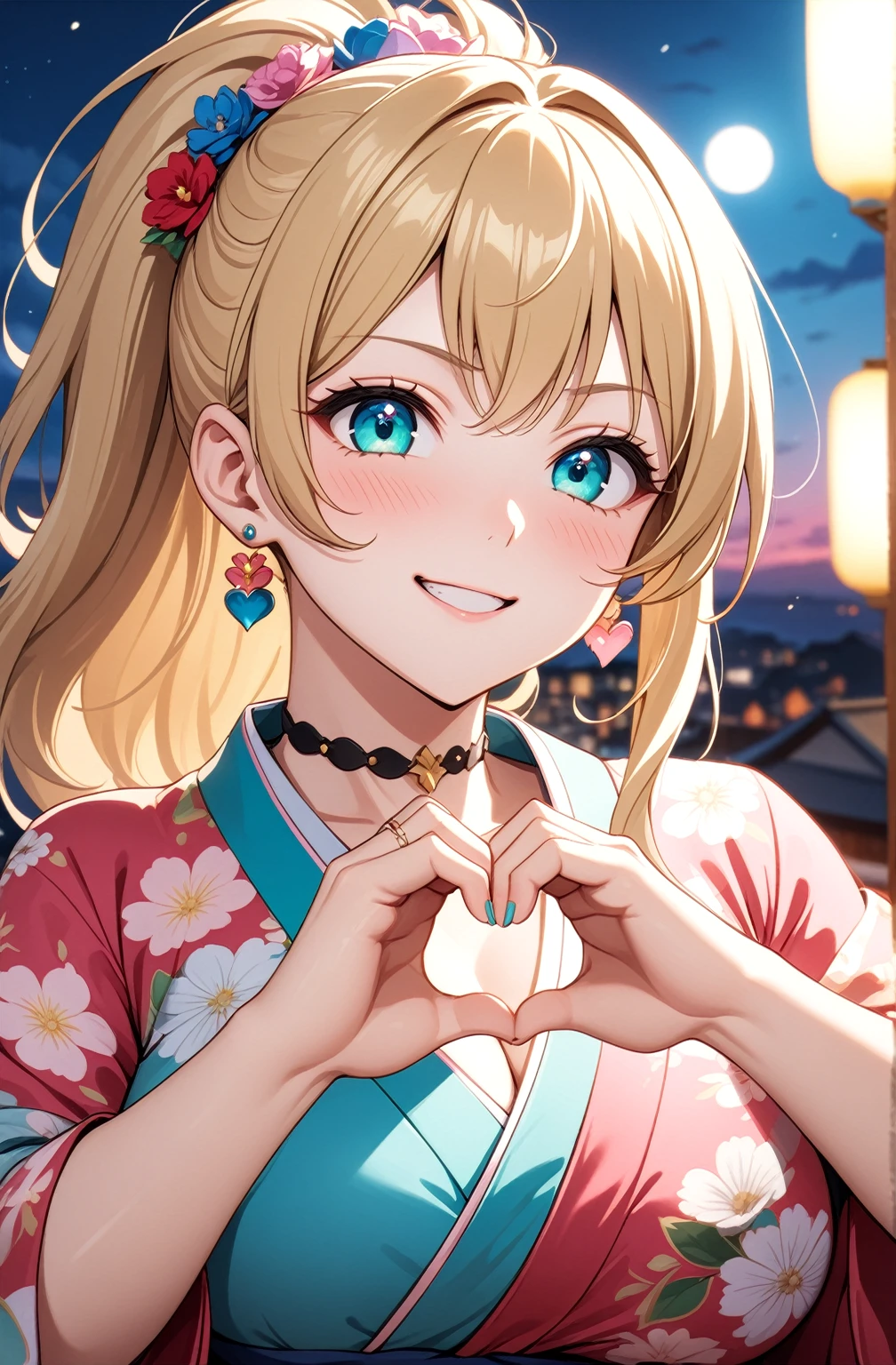 ((one personの女性)), Beautiful Face,Laughing embarrassedly,((Wink:2.0)),Smiling with teeth showing,turn bright red,Cinema lighting,Glossy pink lips,night,rooftop,Festive decorations,You can see the ocean, firework,((Anime style background)),masterpiece, highest quality, so beautiful, Latest, Complex details, (Pink long nails),(ring),(flower bracelet),Floral Choker,AI-generated, Complex,High resolution, highest quality, super high quality,3D Images、View your viewers、3D Images,one person,Long Blonde Hair,High Ponytail,blue eyes,Anime woman posing for a photo, (Fine grain,Turquoise colorful eyes,Shining Eyes:1.4),(Squint your eyes:1.1),a hyperRealistic , hyperRealistic , Realistic,Blonde anime woman with long hair, Smooth anime CG art, A woman in a colorful kimono with gold embroidery, (Pink kimono),Red floral pattern,Long flower hair ornament,Big earrings,(ring),(Big Breasts:1.1),Mature Body,Tall,Big Ass,Fine details,Tight waist,Abdominal muscles,(Face close up:1.6),(Tilt your face), Diagonal photo,((A woman making a heart hand sign with their hands in front of their chest. They are forming a heart shape with their thumbs and index fingers.)),