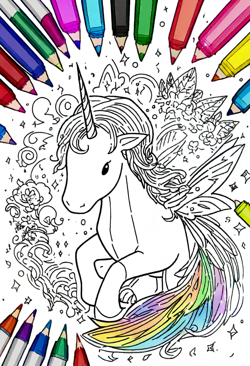 Create full black and white outline art for coloring book pages cute for children of a unicorn. clean line, thin lines. coloring book for kids. perfect for colouring book, Black and white drawing of unicorn. 8K Ultra HD, highly detailed illustration of unicorn with cute design