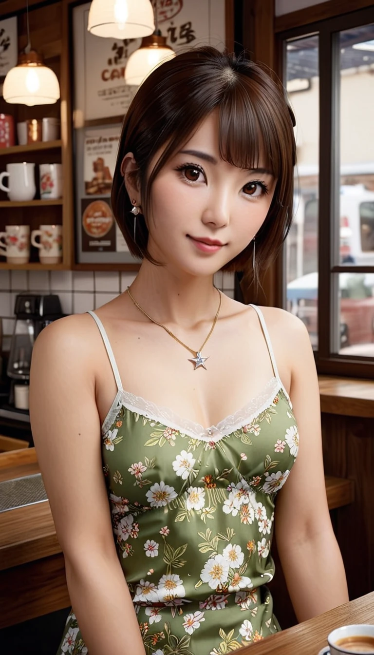 High resolution, RAW Photos, Realistic, Very delicate and beautiful, Very detailed, In detail, Highly detailed CG Unity 8k wallpaper, Super detailed, (highest quality, 32k, Ultra-high resolution:1.2), A photo of a beautiful Japanese woman wearing a floral camisole from the 1970s, short hair, Earrings, Silver Necklace, Old Coffee Shop, 8k, masterpiece