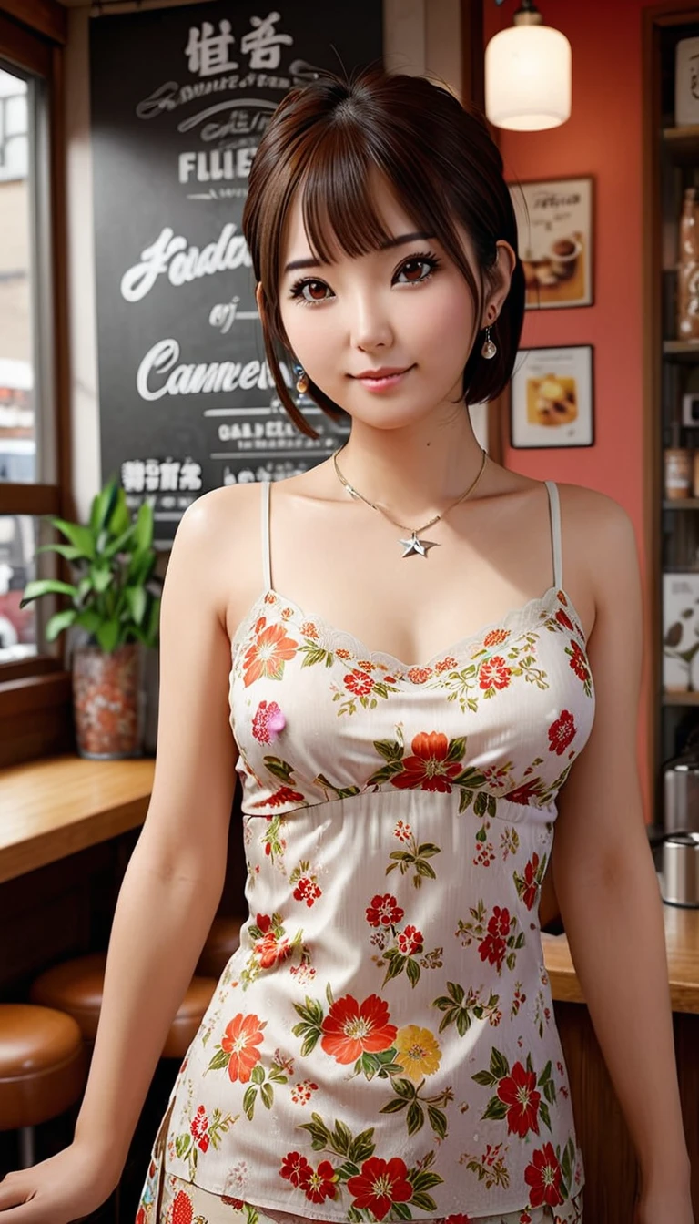 High resolution, RAW Photos, Realistic, Very delicate and beautiful, Very detailed, In detail, Highly detailed CG Unity 8k wallpaper, Super detailed, (highest quality, 32k, Ultra-high resolution:1.2), A photo of a beautiful Japanese woman wearing a floral camisole from the 1970s, short hair, Earrings, Silver Necklace, Old Coffee Shop, 8k, masterpiece