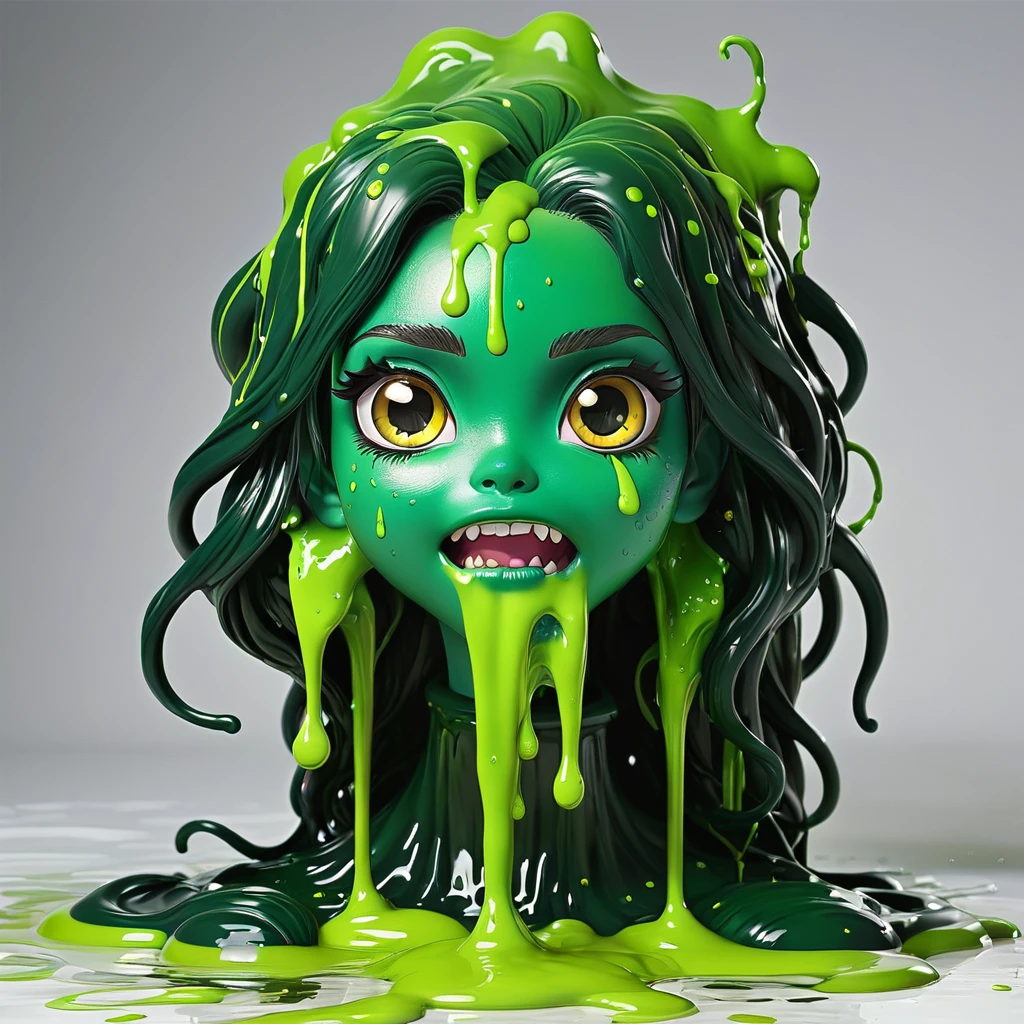 Slime, (monster girl), green slime with darker green, dripping with yellow ooze, clothed, masterpiece, best quality