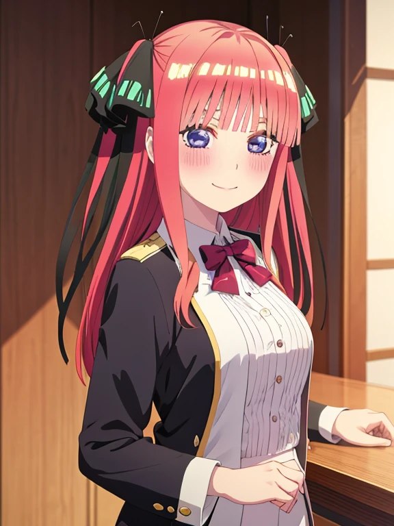 best quality, masterpiece, high quality, insanely detailed, nino nakano, chest, blush, smile, whole body, uniform