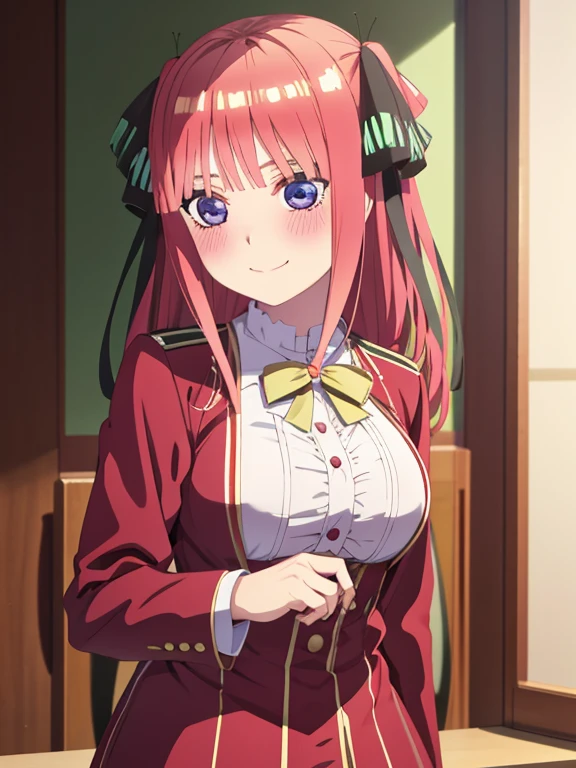 best quality, masterpiece, high quality, insanely detailed, nino nakano, chest, blush, smile, whole body, uniform