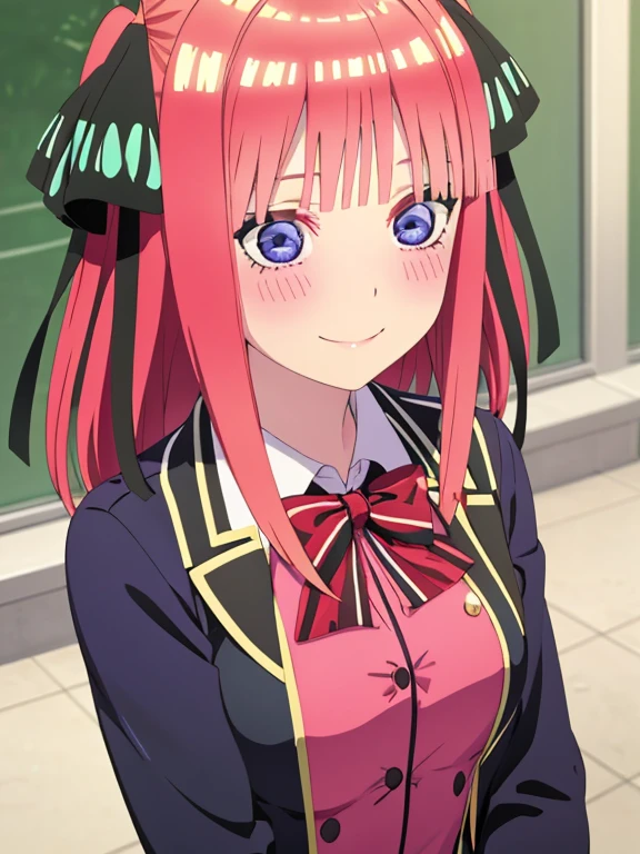 best quality, masterpiece, high quality, insanely detailed, nino nakano, chest, blush, smile, whole body, uniform