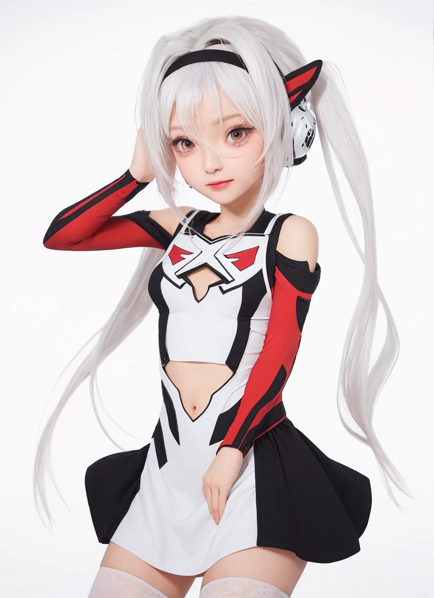 Realistic style,lifelike,Anime character with white hair and red dress stands in front of the dragon, (Peach pupils),from the night of the ark, 《azur lane》role in, Biomechanics OPPEIN, Best Anime 4K Konachan Wallpapers, White-haired God, azure lane style, from《azur lane》Electronic games, pixiv 3dcg, white and red helmet, Demon anime girl
