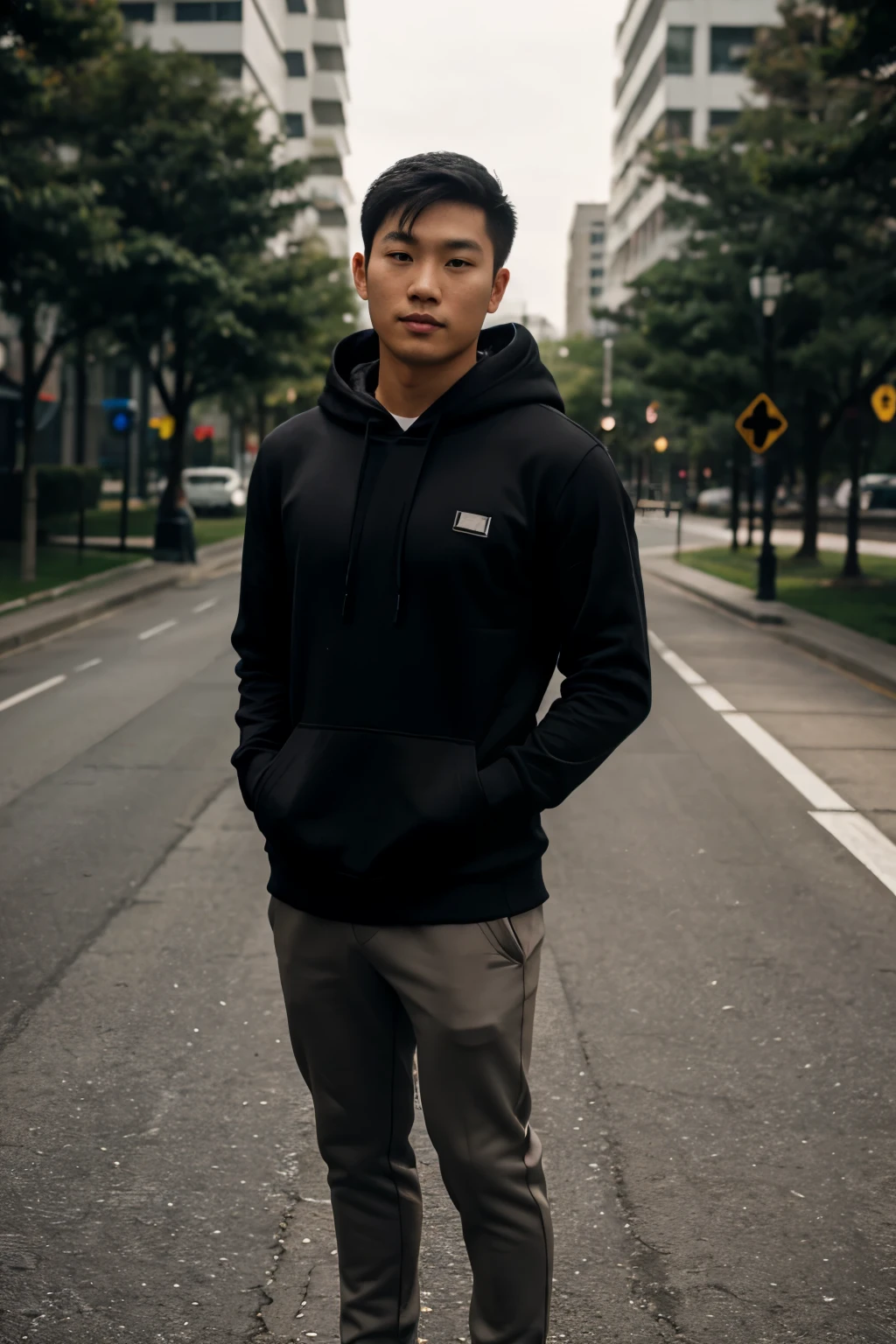 athletic asian man wearing black hoodie, full body, hands on hoodie pockets, body straight to the camera, soft natural lighting