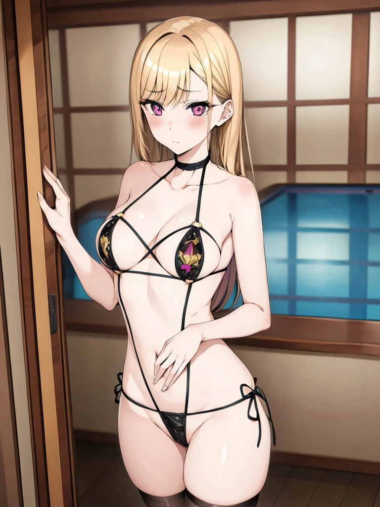 masutepiece, Detailed, Best Quality, Beautiful Girl, very small lace translucent bikini, Shackles, stock, Troubled face, big pool (prison), blonde sexy girl 1girl in, marin kitagawa character, blonde female, Blunt bangs, Big breasts, Amused expression, Looking at Viewer, big butt, mature body, very big , dark pink eyes, small thong, erotic pose, big butt, full body picture, cameltoe, lace lingerie