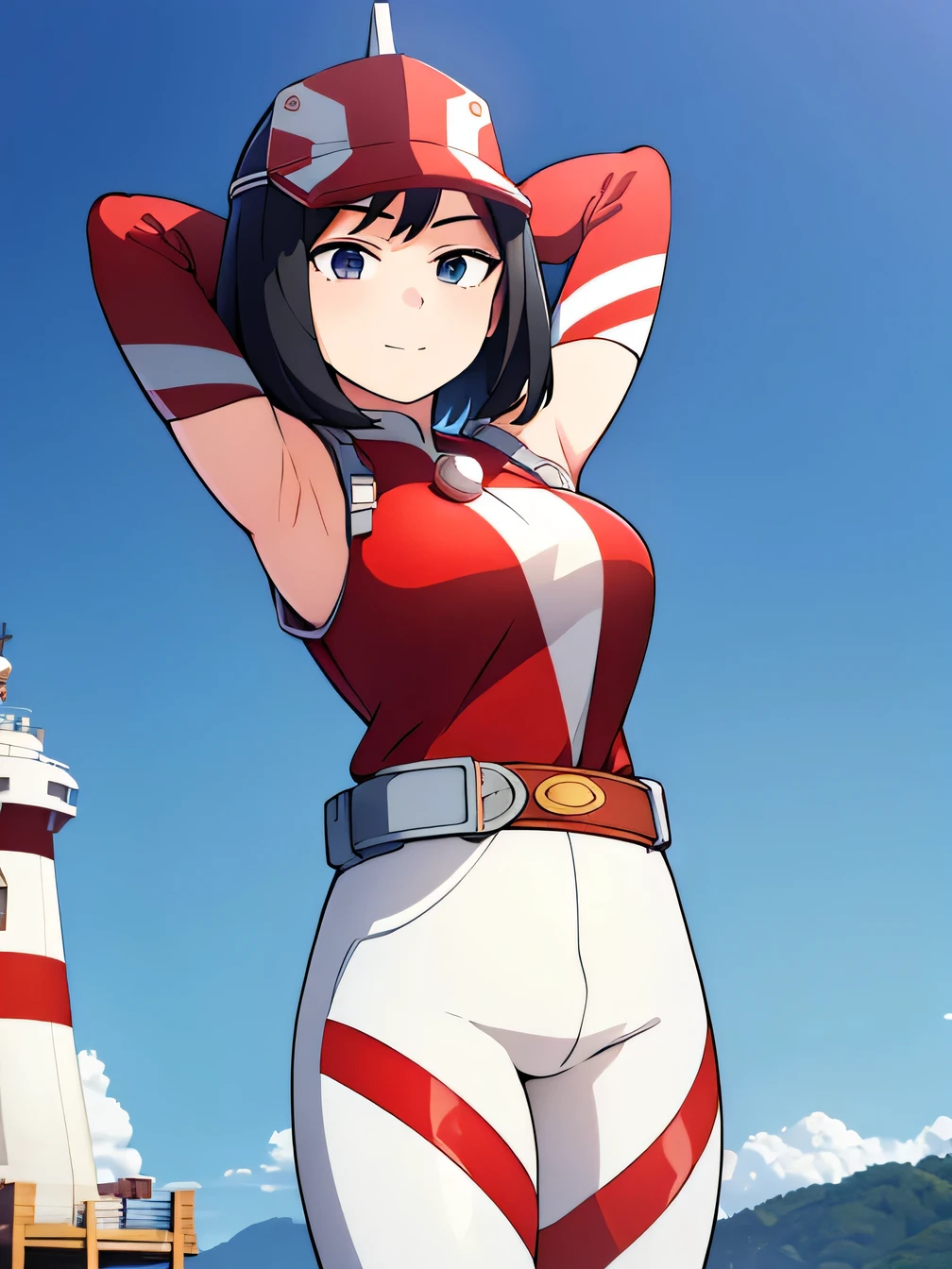 1girl, alone, yui kodai, medium hair, black eyes, smiling, closed mouth, best quality, (peak cap: 1.2), (red and white jumpsuit: 1.2), sleeves long, belt, (red and white pants: 1.2), (white sneakers: 1.2) large breasts, medium waist, anime, closed mouth, solo, (cowboy shot:1.5) night sky, beach, arms behind head, contrapposto, shy smile, spread armpits, best quality, looking at viewer, expressionless,