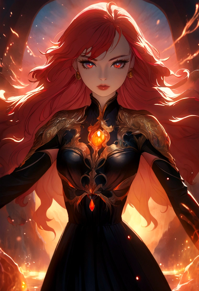 a woman with red hair, beautiful detailed eyes, beautiful detailed lips, extremely detailed face, long eyelashes, standing in front of a fire and water background, anime drawing, Lü Ji art style, cgsociety, fantasy art, anime aesthetic, cinematic lighting, dramatic lighting, vibrant colors, 8k, high resolution, best quality, masterpiece