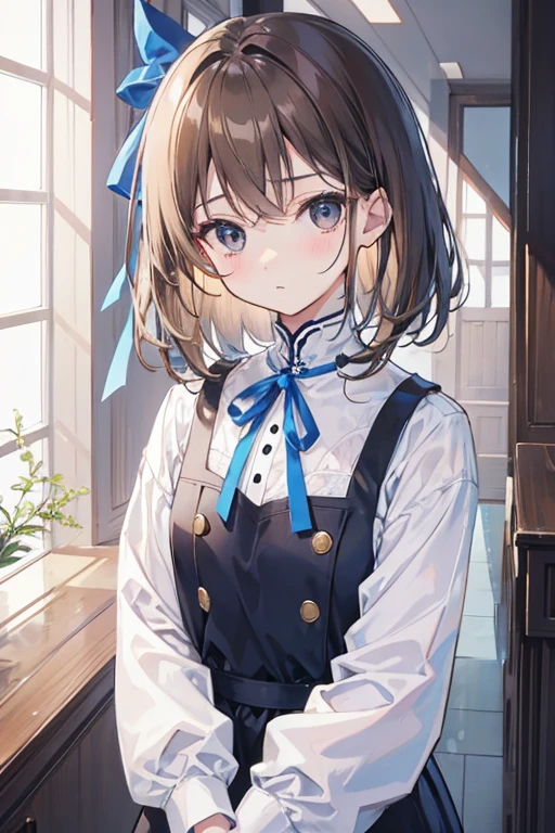 Light brown、short hair、、Long Hair、woman、young、Black eyes、uniform、Modest chest、uniform(White is the original blue ribbon、White Shirt、)