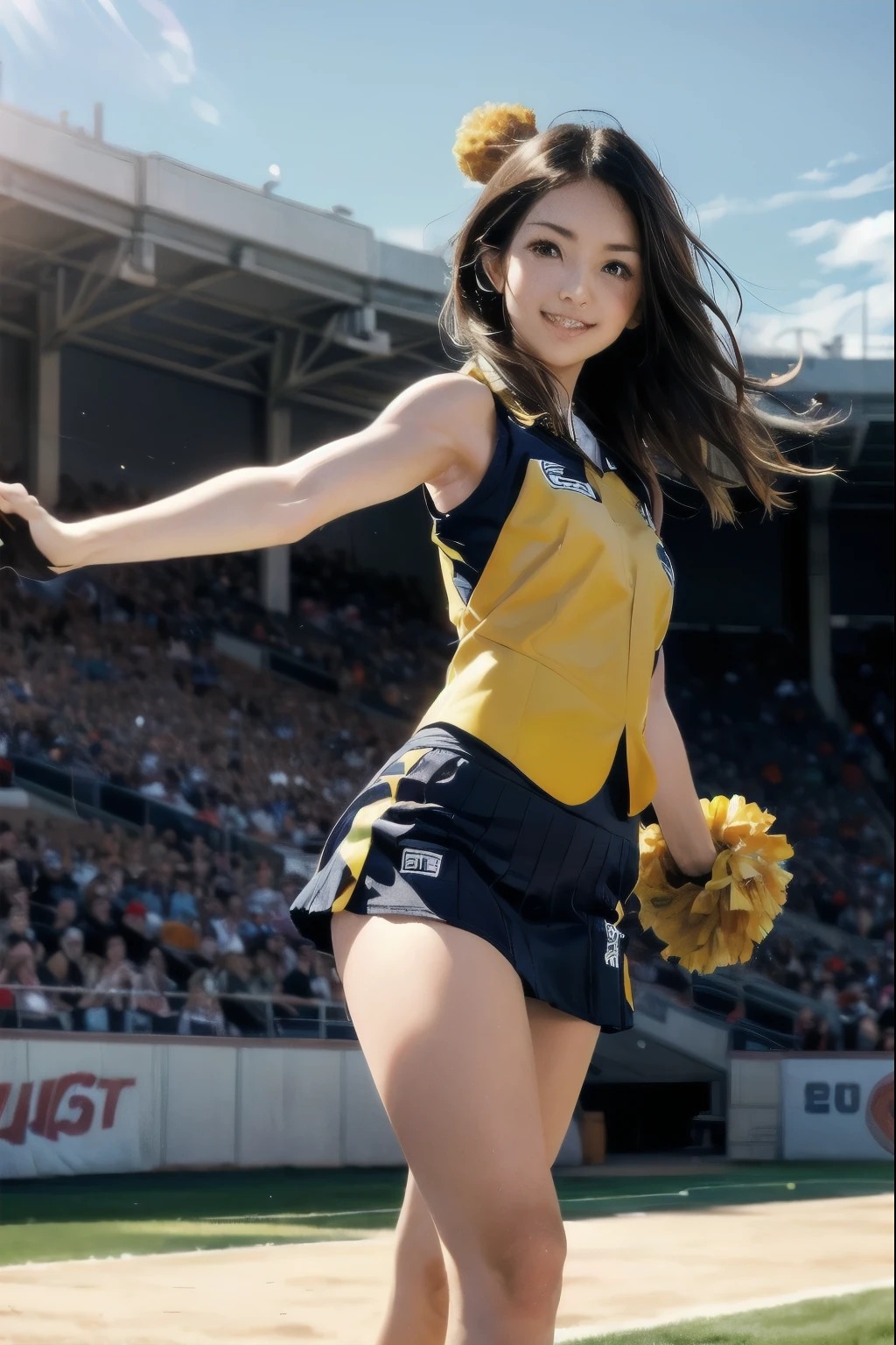 Very cute and beautiful cheerleader girl,(Very exquisite beautiful face and eyes:1.2),(Holding a pom-pom:1.2),(smile),High Kick、White panties are visible、
(Stadium Stands),Cowboy Shot,Dynamic pose,White panties,(Sleeveless orange shirt),Beautiful feet,Dynamic Angle,Black Hair,
(highest quality,masterpiece:1.2),Intricate details,Very detailed,Super detailed,High resolution,View Viewer,
Natural light,Hair blowing in the wind,Beautifully detailed skies,