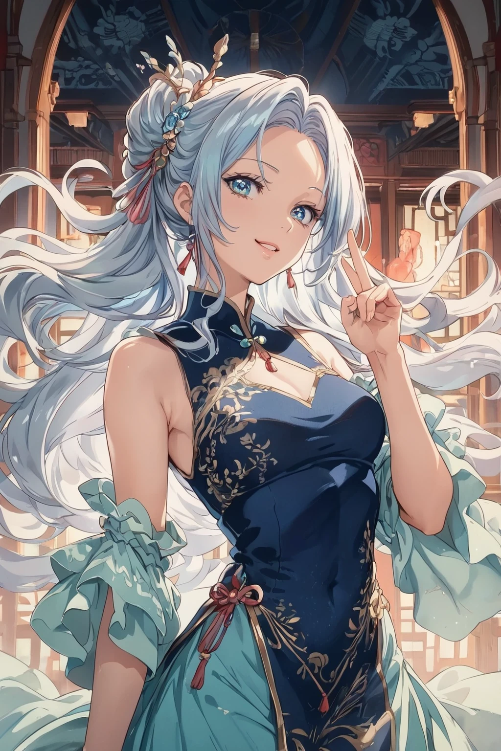 score_9, score_8_up, score_7_up, BREAK, 
(best quality,4k,8k,highres,masterpiece:1.2),vivid colors,beautiful detailed eyes,beautiful detailed lips,flowing dress,traditional attire,porcelain skin,elegant pose,artistic composition,serene expression,subtle smile,dainty hand gesture,delicate embroidery,rich cultural heritage,ethereal beauty,shimmering fabric,focus on intricate patterns,dynamic lighting,contrast between light and shadow,subtle use of color,traditional cheongsam,classic elegance,graceful silhouette,ornate hairpin,delicate fan,subtle background elements,traditional Chinese architecture elements,subtle hints of nature,harmonious blend of tradition and modernity,meticulous attention to detail,expressive brushstrokes,traditional ink painting influences,exquisite craftsmanship,exquisite beauty,memorable and captivating scene,retro atmosphere.