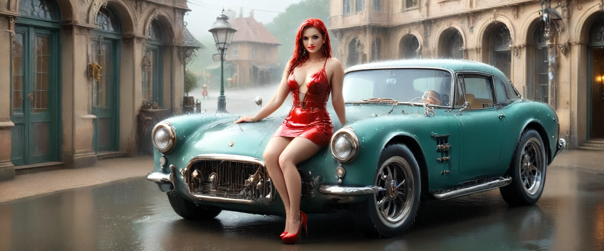nsfw, photorealistic, beautiful face, (masterpiece:1.4), (best quality:1.4), extremely detailed, hyper-detailed, soft lighting, night time 38 years old very wet pin-up woman standing in the rain at a black car, medium breasts, hard nipples, long red hair, totally wet hair, shaved pubic area, (perfect_face), dressed in a very wet short transparent red dress, high heels , golden jewellery, intricate, 4k, detailed_background, full_body, realistic, 8k, sexy, very cheeky smile, very challenging facial expression, at a gas station