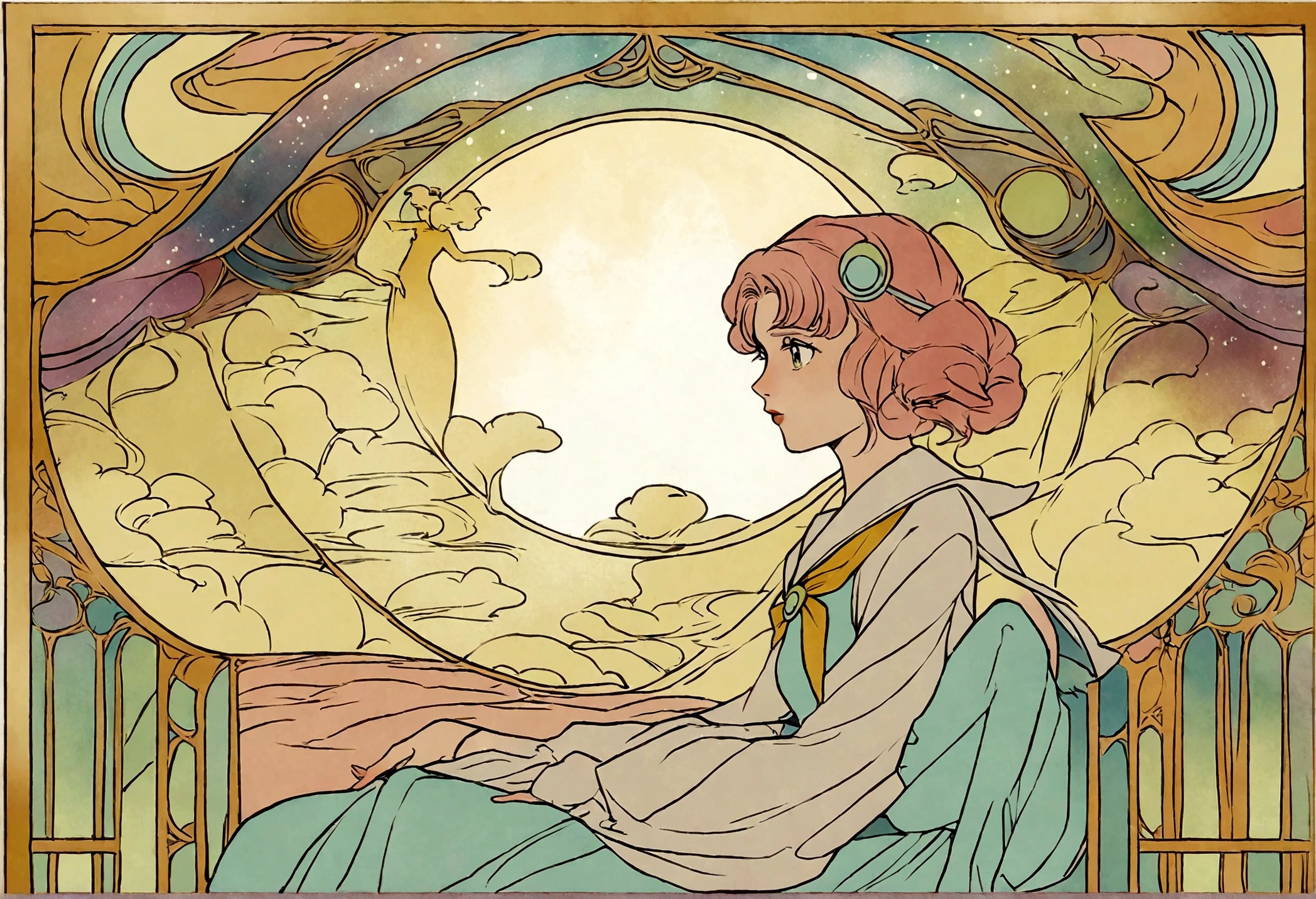 A painting of a woman sitting on a bed with the moon behind her, Dreamy illustration, Inspired by Audrey Kawasaki, Anime Art Nouveau cosmic display, loish art style, Inspired by Naoko Takeuchi, Anime Art Nouveau, Loish and clamp styles, Illustration Line art style, Sailor Moon aesthetics, Anime Graphic Illustration, Drawn in a whimsical style, Soft anime illustration