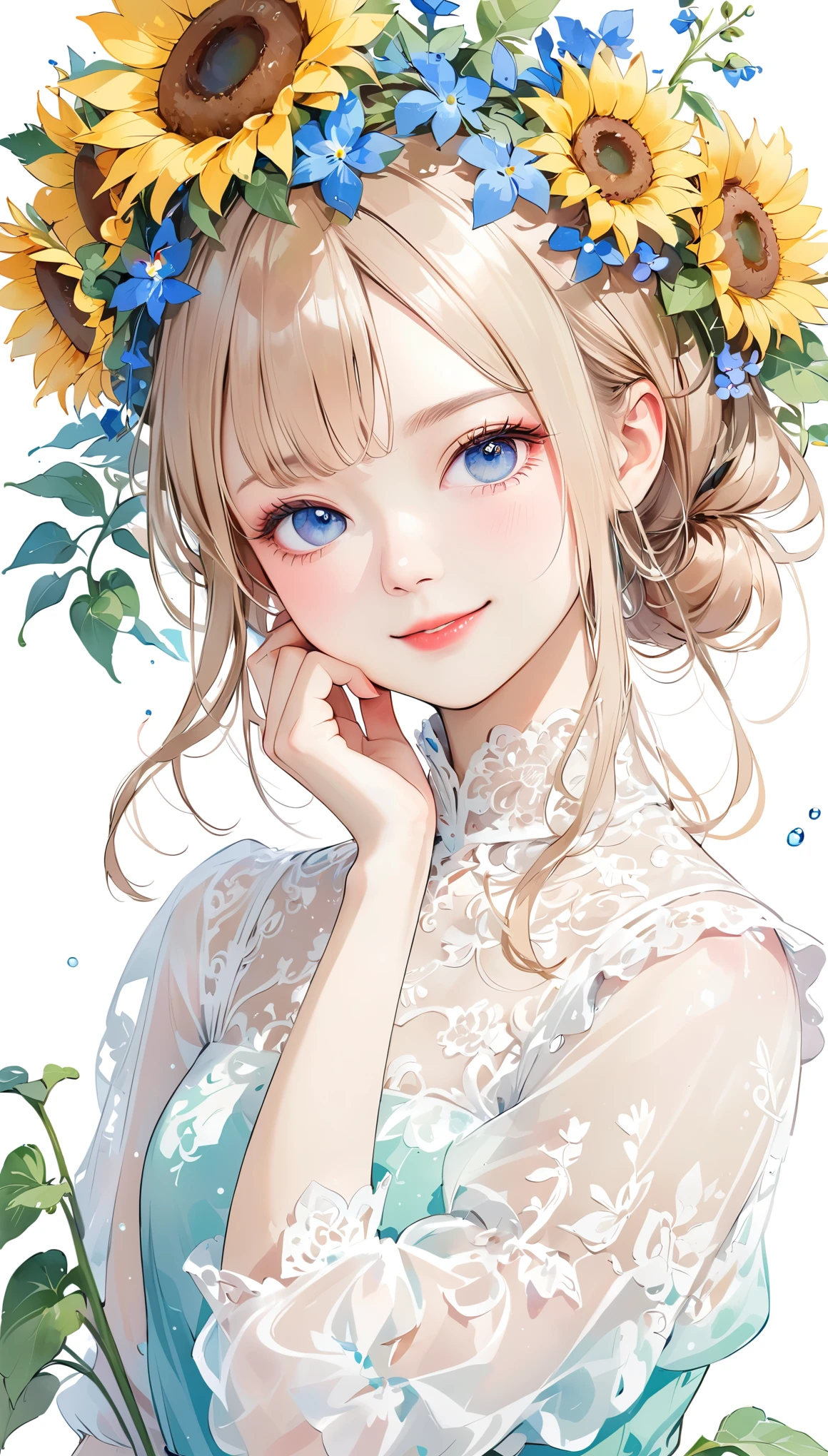 Girl with a beautiful smile, She put her hand on her cheek, Sunflowers and wildflowers in her hair, Colorful watercolor and pencil drawings, Anime-style full-body portrait, Detailed character design in digital art style isolated on white background, Colorful ink painting, Intricate clothing and designs, 8K HD