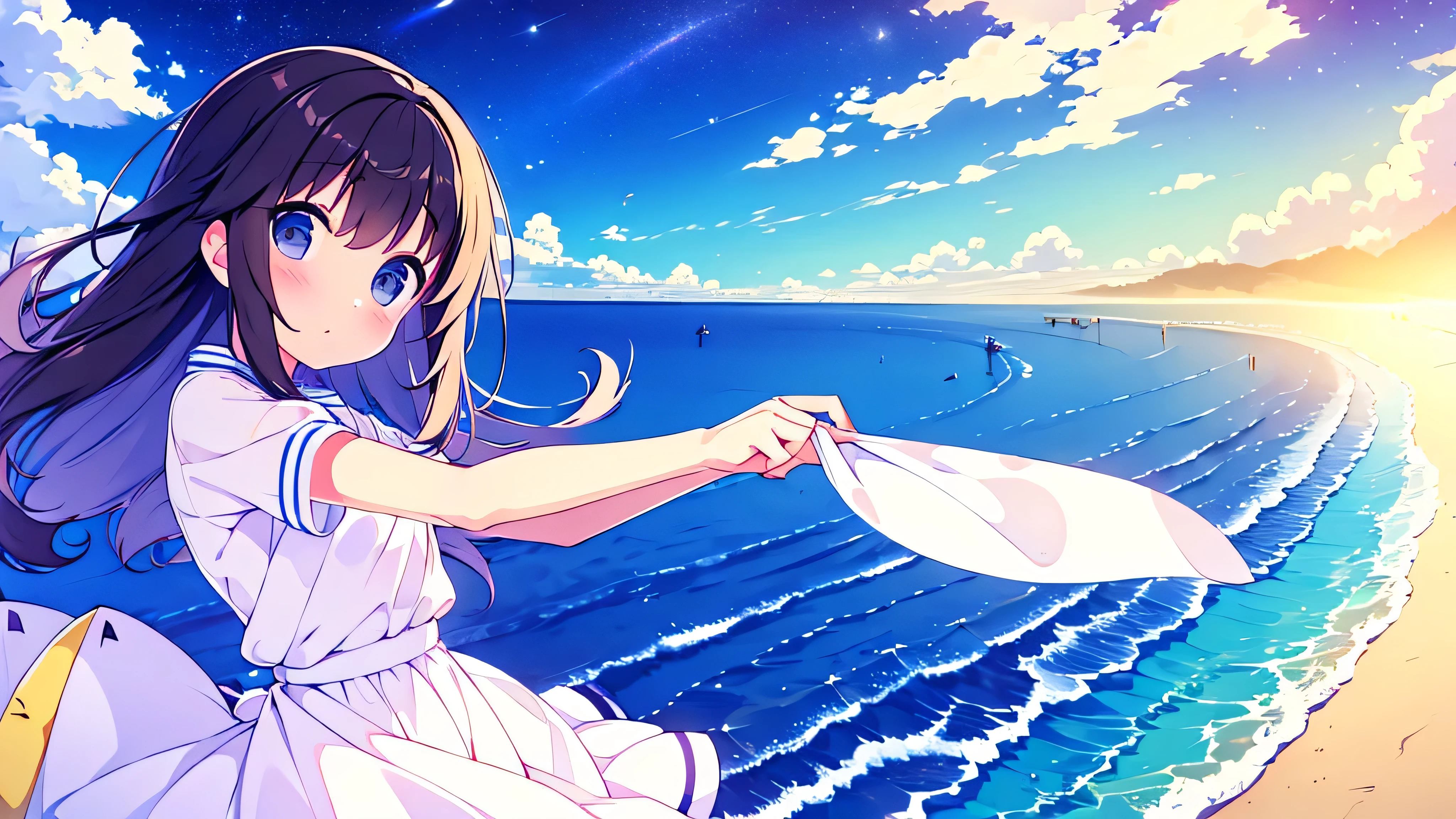 Una linda camisa blanca que la deja ver. 、Falda de vuelo celeste con volantes、Se levanta la falda con ambas manos para lucir su linda ropa interior blanca.、Linda ropa interior blanca visible cuando se levanta la falda.、Playa de arena, Mar hermoso, noche y cielo estrellado