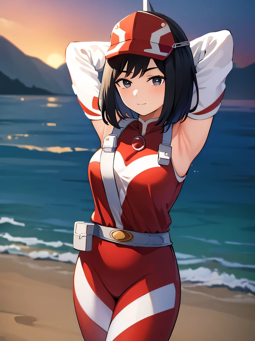 1girl, alone, yui kodai, medium hair, black eyes, smiling, closed mouth, best quality, (peak cap: 1.2), (red and white jumpsuit: 1.2), sleeves long, belt, (red and white pants: 1.2), (white sneakers: 1.2) large breasts, medium waist, anime, closed mouth, solo, (cowboy shot:1.5) night sky, beach, arms behind head, contrapposto, shy smile, spread armpits, best quality, looking at viewer, expressionless,