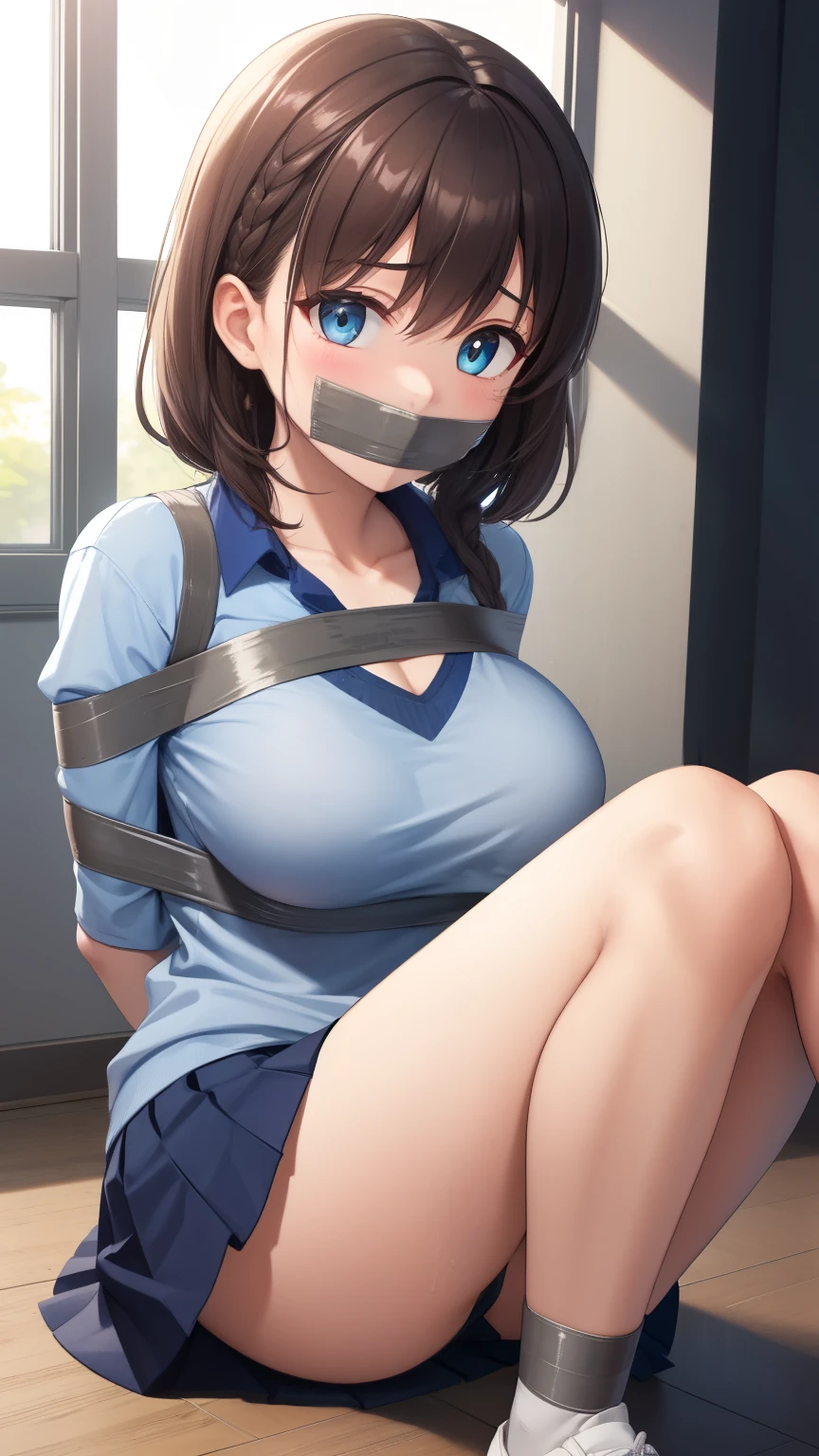 1girl, natural lighting, masterpiece, highly detailed, illustration, game CG, absurdres, high quality, aichan, large , blue eyes, beautiful detailed eyes, short brown hair, side braid, (tape gag), (tape bound), (arms bound), (legs bound:1.2), eyes wide, shocked, surprised, collarbone, sitting, (knees bent), school shirt, pleated miniskirt, school gym,