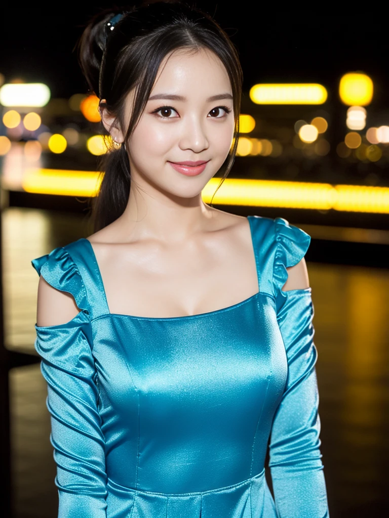 a gorgeous woman in a Bow Front Flounce Sleeve 2-in-1 Dress, standing under night sky, dimpled smile, short ponytail, in a natural pose, photorealistic, beautiful detailed eyes, well-endowed round bosom, hyper-realism, high contrast, ultra HD, realistic skin textures, top image quality, top-quality, super high resolution, fine details, very meticulously, bokeh background