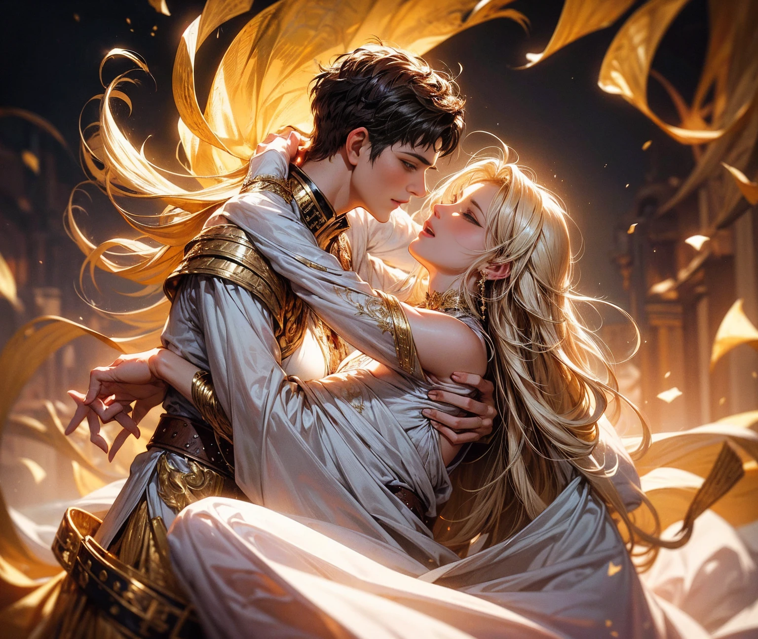 a beautiful elegant woman with long flowing white dress and golden belt, intimate warm loving embrace with roman emperor constantine the great, pure blissful love, lyrical high vibration, detailed portrait, cinematic dramatic lighting, photorealistic, 8k, best quality