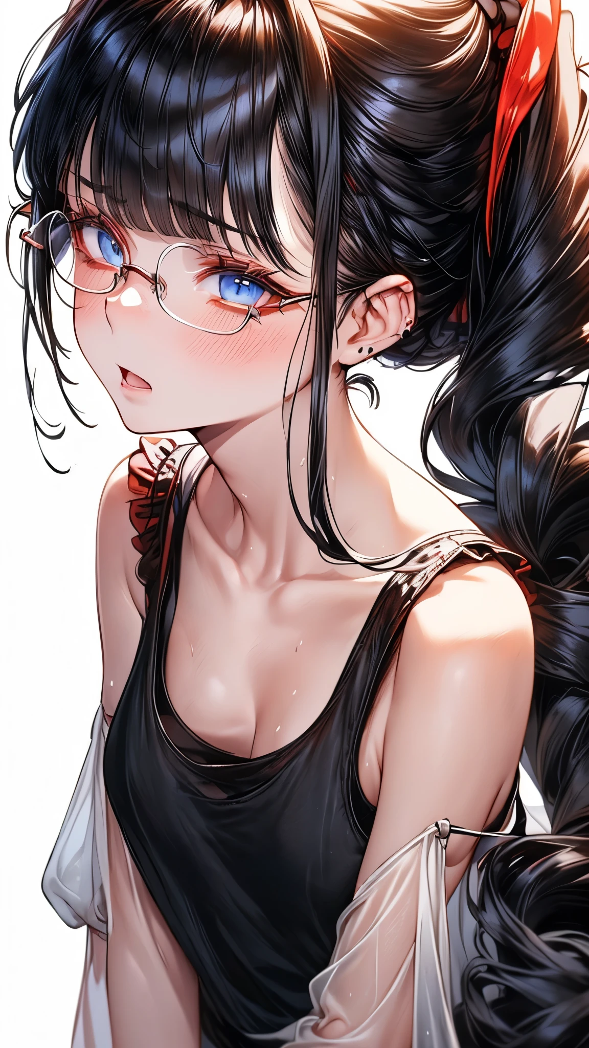 1 female,black hair, ,((impatient look)),beautiful breasts,thin white tank top,good style,,(facing the front)(((cheeks turn red、surprised expression)),(((low ponytail))),((( upper body portrait)))frameless glasses,blue eyes,(((The bangs are even)))((See-through))sexy bra(wet state)