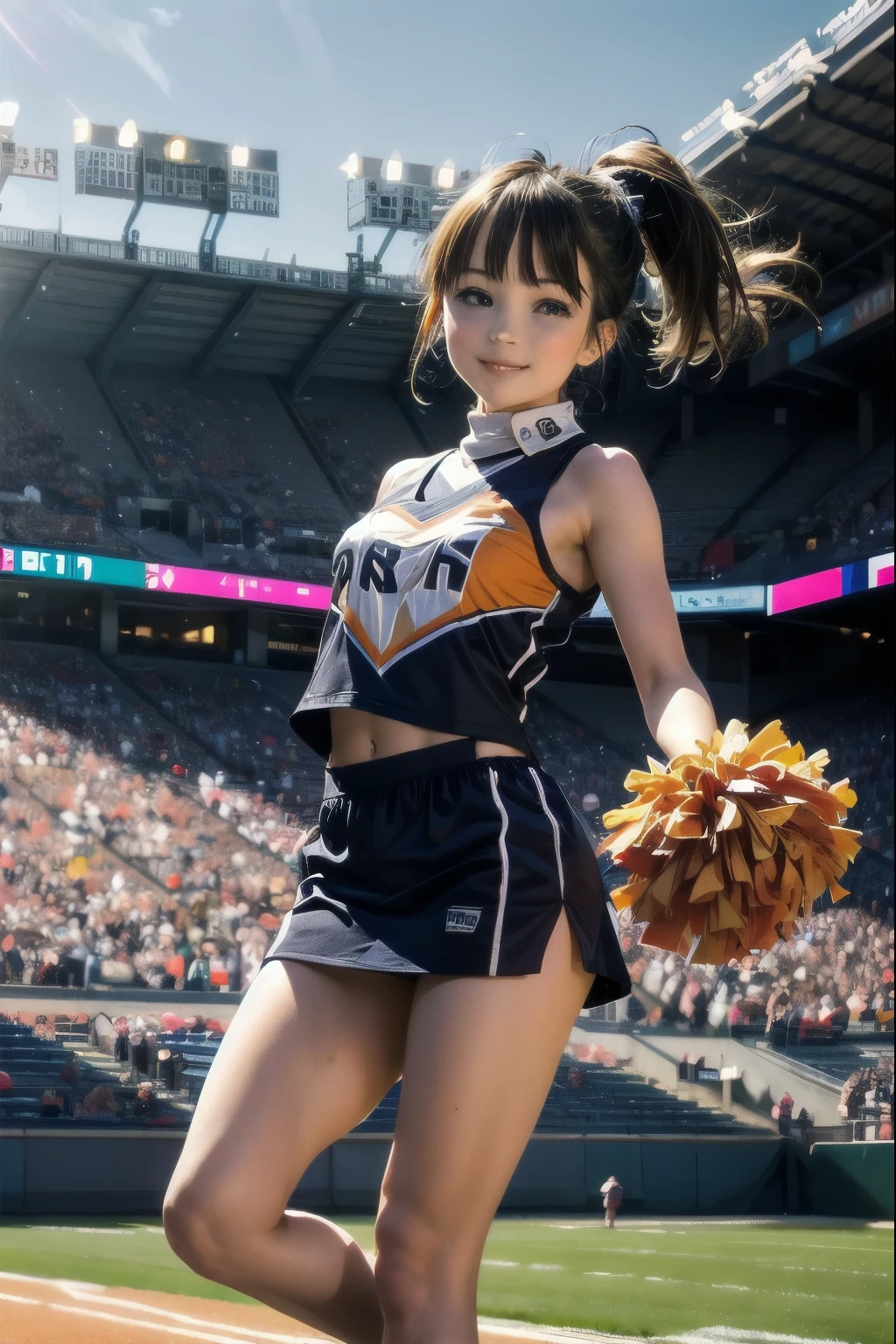 Very cute and beautiful cheerleader girl,(Very exquisite beautiful face and eyes:1.2),(Holding a pom-pom:1.2),(smile),High Kick、White panties are visible、
(Stadium Stands),Cowboy Shot,Dynamic pose,White panties,(Sleeveless orange shirt),Beautiful feet,Dynamic Angle,Black Hair,
(highest quality,masterpiece:1.2),Intricate details,Very detailed,Super detailed,High resolution,View Viewer,
Natural light,Hair blowing in the wind,Beautifully detailed skies,