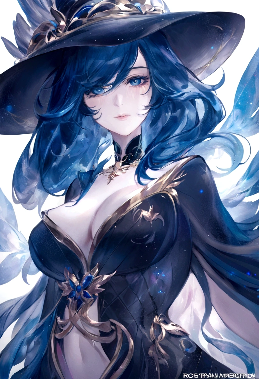 a woman with blue hair wearing a black hat, an anime drawing by Ross Tran, trending on Artstation, fantasy art, anime aesthetic, artstation hd, anime