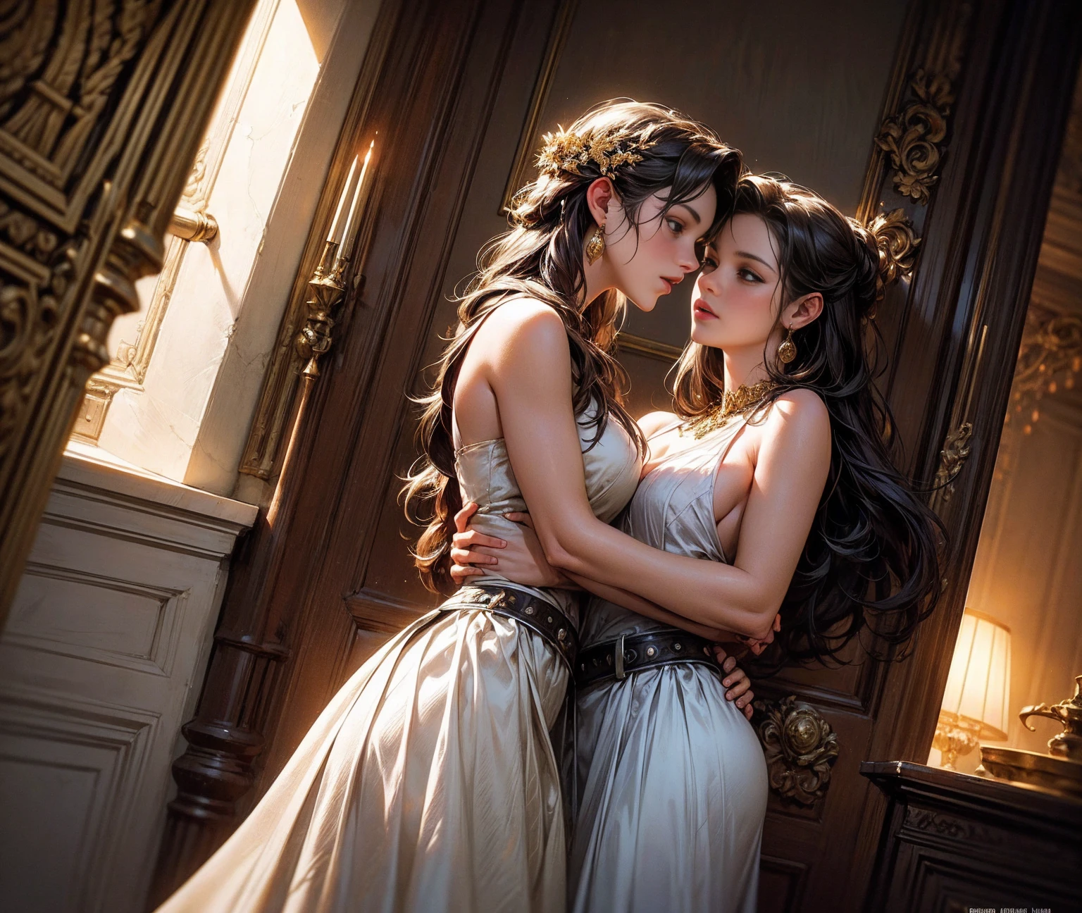 a beautiful woman in a long white dress, golden belt, embracing a roman emperor roman emperor constantine the great, pure blissful love, lyrical high vibration, detailed portrait, cinematic dramatic lighting, photorealistic, 8k, best quality, romantic scene by the ocean, morning dawn, venus rising, ethereal, lyrical, high vibration, pure love, palace balcony, detailed portrait, chiaroscuro lighting, cinematic composition, vibrant colors, photorealistic, award winning digital art