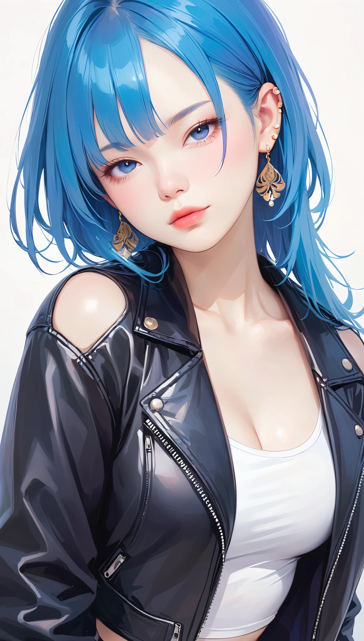 One girl, alone, chest, View Viewer, blue eyes, Simple Background, White Background, jewelry, medium chest, Mouth closed, Blue Hair, Jacket, Upper Body, Earrings, Open clothes, abdomen, From the side, open Jacket, lips, black Jacket, Crop top, compensate, Earrings, ear Earrings, leather, leather Jacket,Style: Mid Journy,1 grill,1 girl