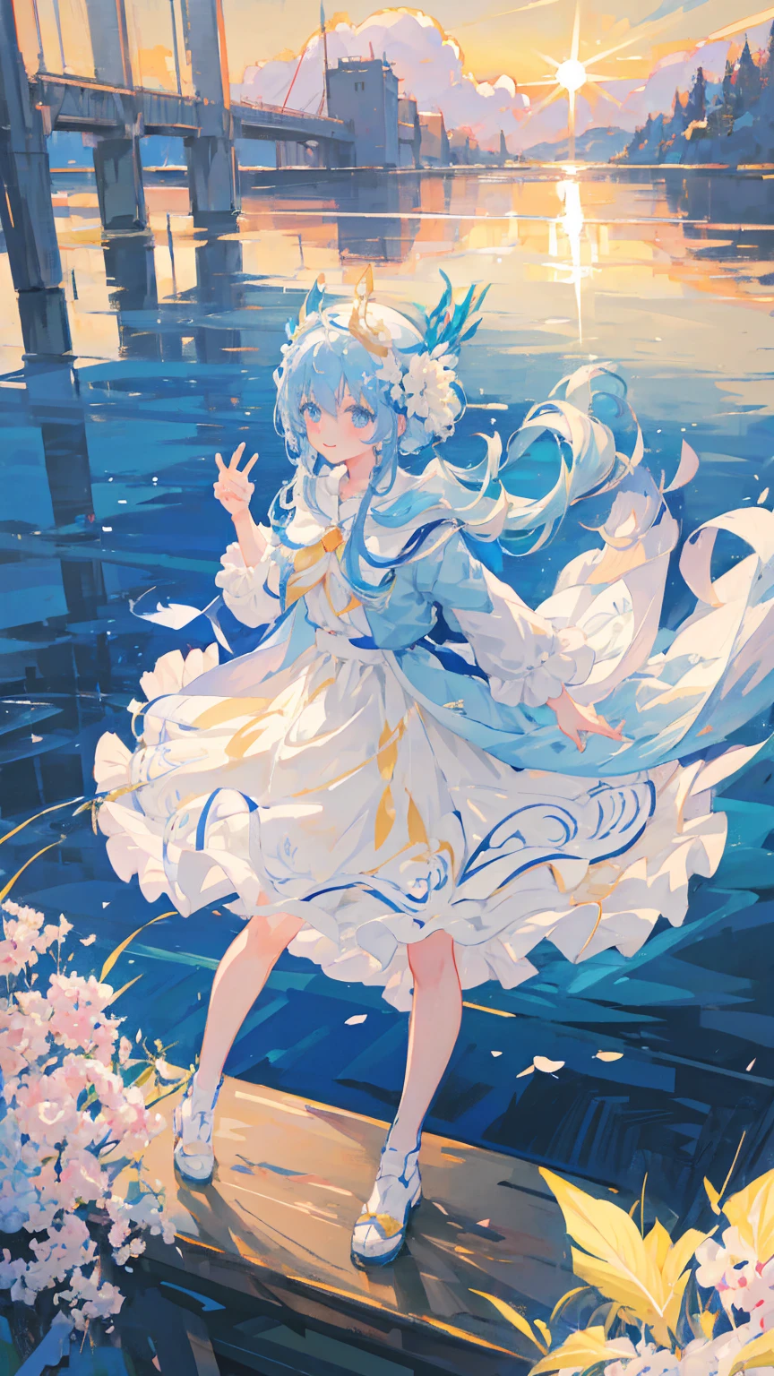 Anime Girl，light blue hair，blue eyes，White裙子，White，Flower headdress，Standing in the flower field，Smile，Starry sky background，Popular topics on artstation pixiv, Digital Art on pixiv, anime art wallpaper 8 k, guweiz on pixiv artstation, Anime Art Wallpaper 4K, Anime Art Wallpaper 4K, Top rated on Pixiv, Beautiful anime artwork, Pixiv competition winner
