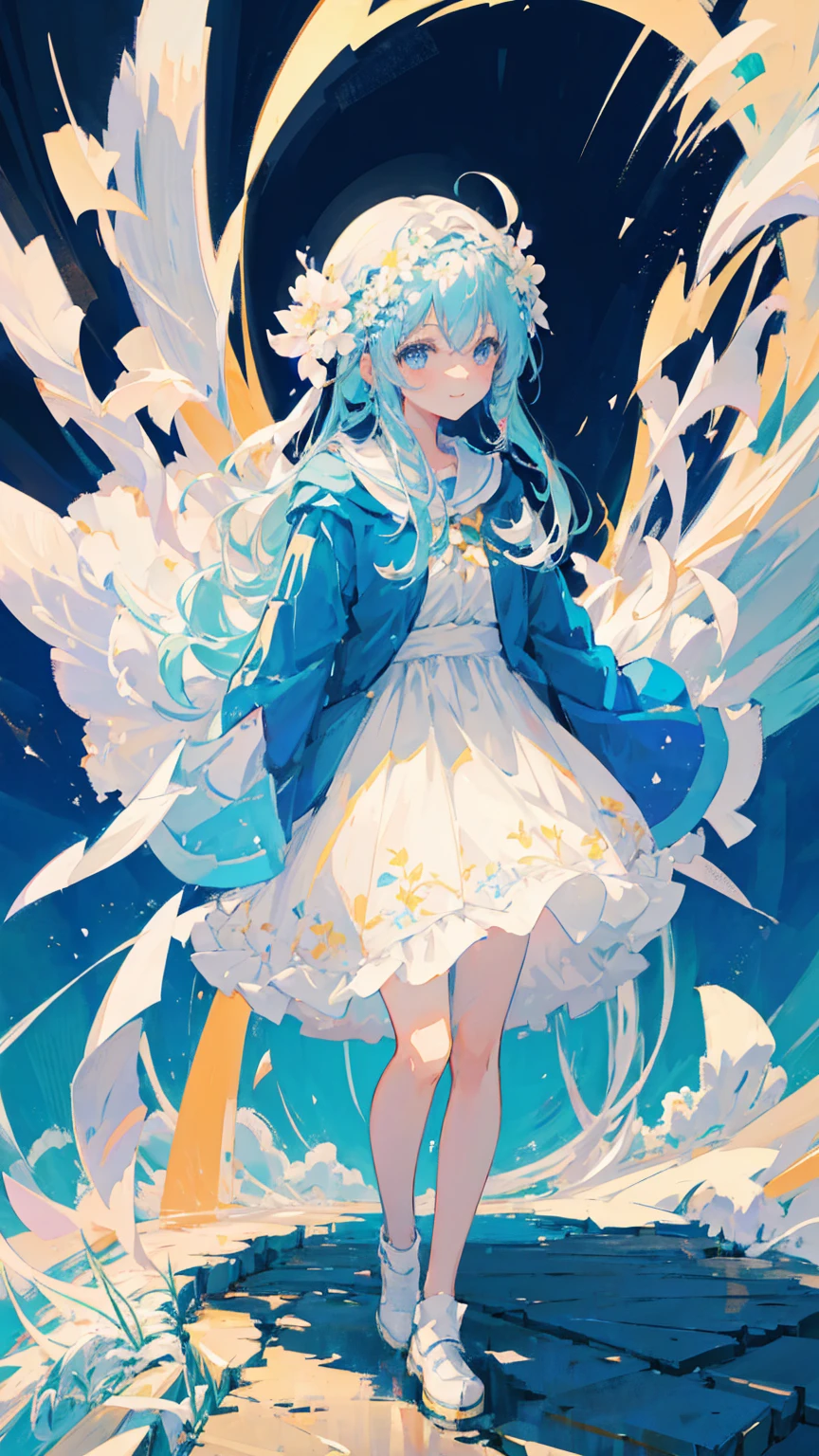 Anime Girl,light blue hair,blue eyes,White裙子,White,Flower headdress,Standing in the flower field,Smile,Starry sky background,Popular topics on artstation pixiv, Digital Art on pixiv, anime art wallpaper 8 k, guweiz on pixiv artstation, Anime Art Wallpaper 4K, Anime Art Wallpaper 4K, Top rated on Pixiv, Beautiful anime artwork, Pixiv competition winner