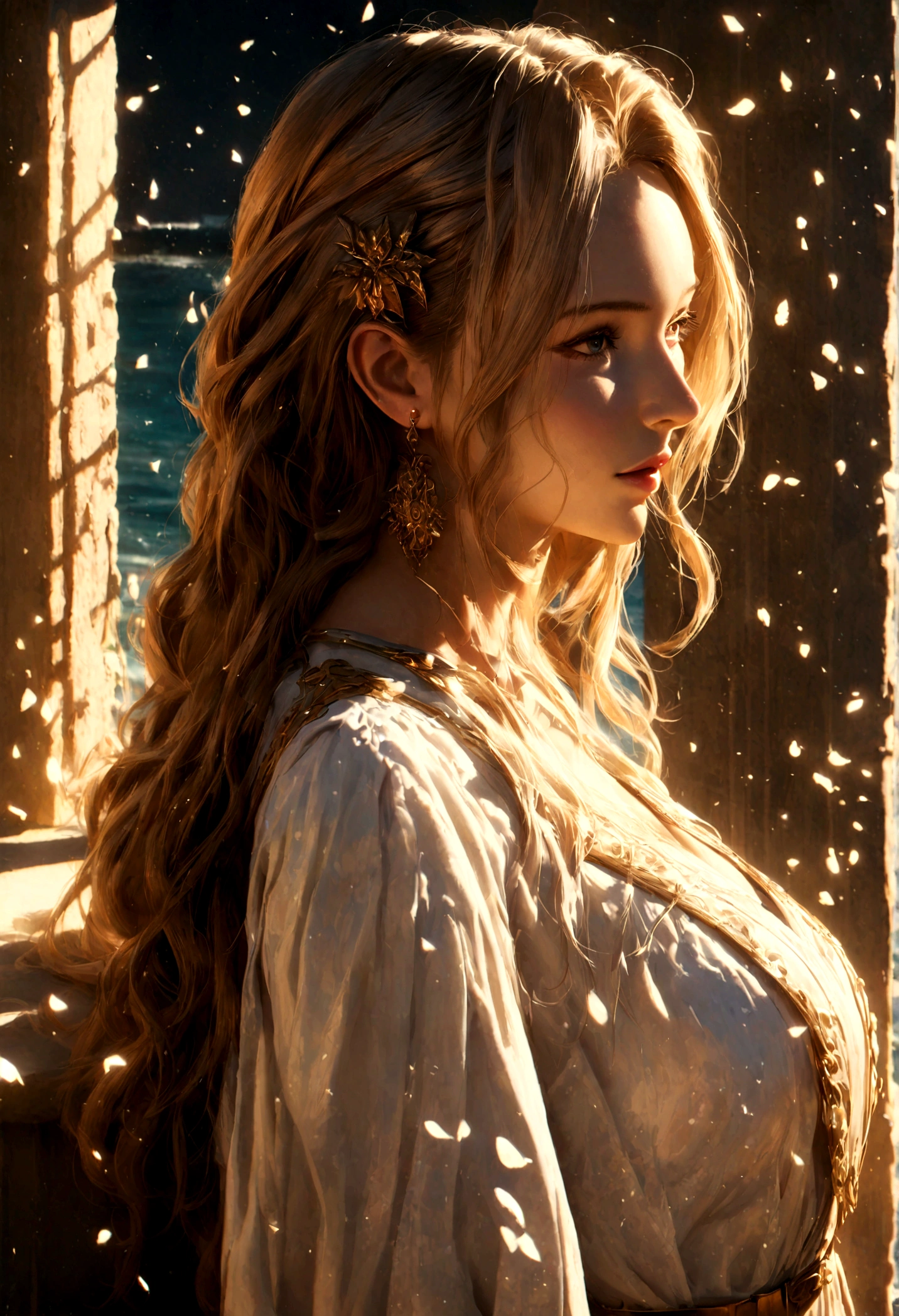 a beautiful woman in a long white dress, golden belt, embracing a roman emperor roman emperor constantine the great, pure blissful love, lyrical high vibration, detailed portrait, cinematic dramatic lighting, photorealistic, 8k, best quality, romantic scene by the ocean, morning dawn, venus rising, ethereal, lyrical, high vibration, pure love, palace balcony, detailed portrait, chiaroscuro lighting, cinematic composition, vibrant colors, photorealistic, award winning digital art