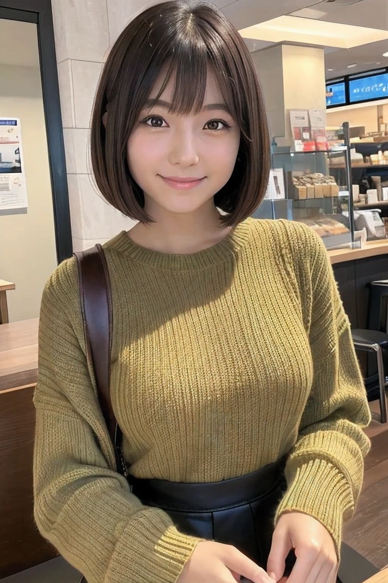 live-action,A Japanese woman with short brown hair and a bob cut,university student,During cafe time,Innocent smile,Wearing a long-sleeved knit that shows off your body line,Ultra HD