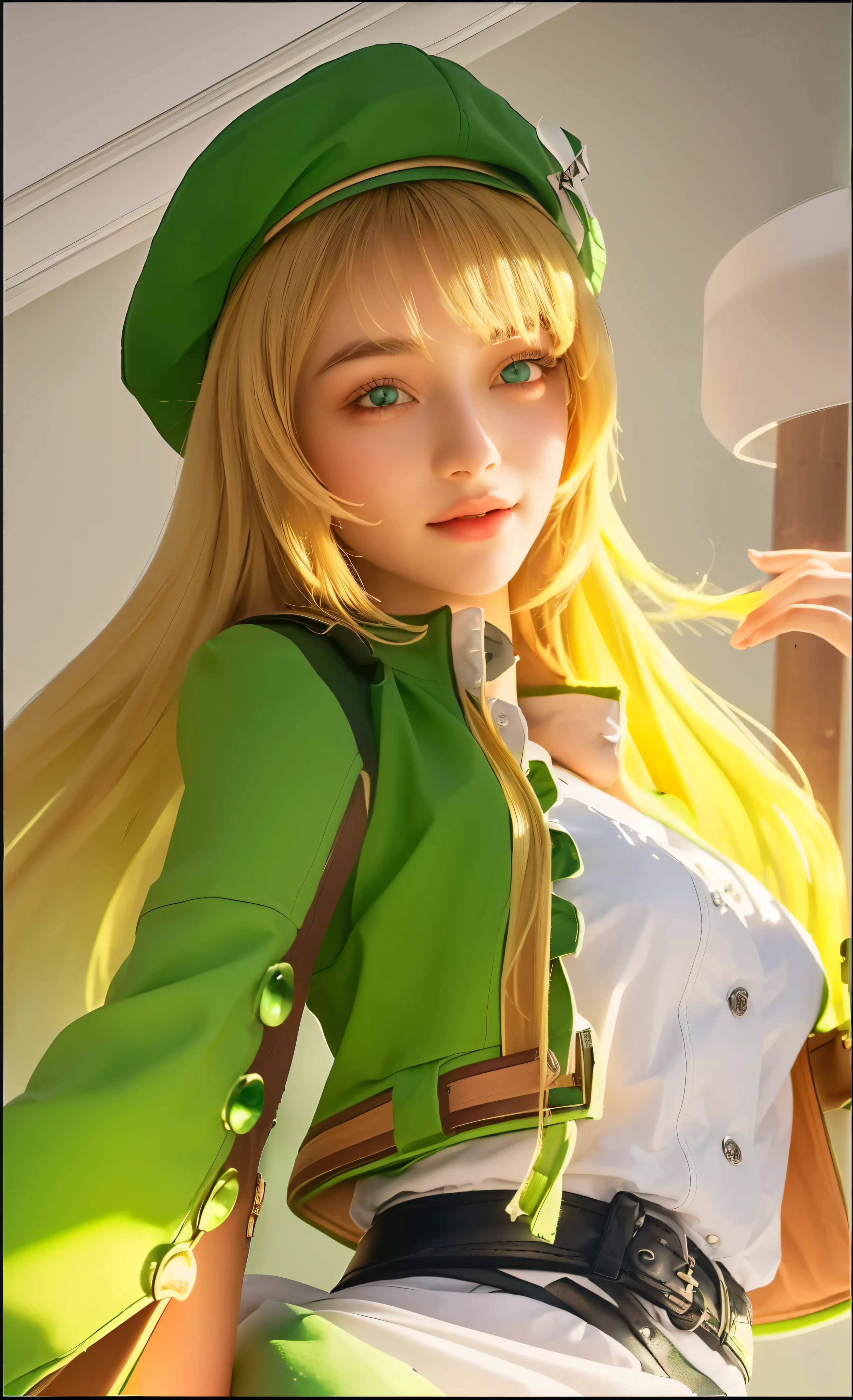 a young girl in a green hat and green jacket, beautiful detailed eyes, beautiful detailed lips, extremely detailed face, long eyelashes, soft lighting, photorealistic, 8k, high resolution, masterpiece, realistic, portrait, vibrant colors, cinematic lighting, intricate details, natural skin tones, happy face, happy expression