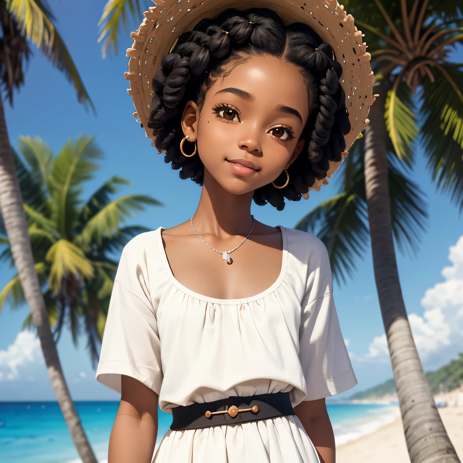 masterpiece, best quality), deep ebony 1girl, beautiful face, short Afro braids , cute, , beautify, Lofi vibe,, cute sunny vibe, concentrated, hands outside of the picture ,beach vibe , cute white dress, cute look, clothing is dry and baggy, small breasts, teen vibe, cute smile, 