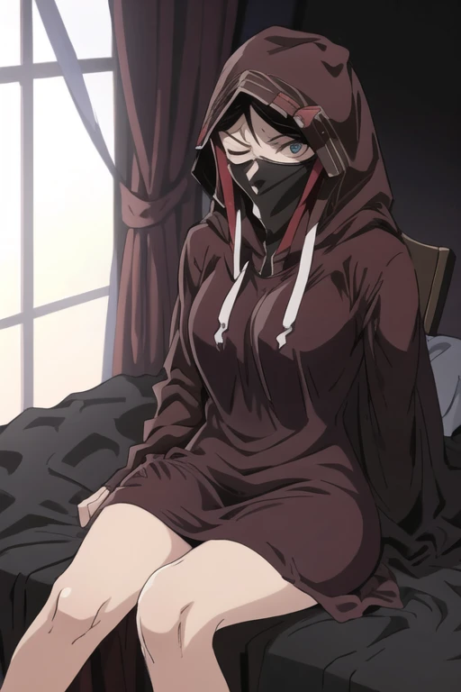 No name assassin, eyes closed breastscloak, robe, long skirt, mask, hood, cape, sitting, best quality, masterpiece, bedroom