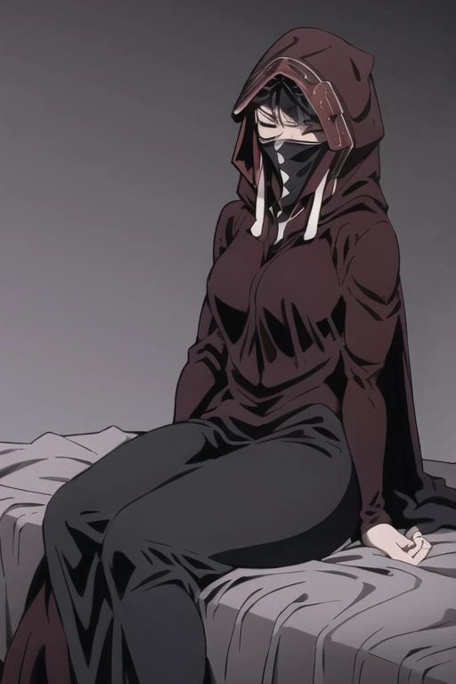 No name assassin, eyes closed breastscloak, robe, long skirt, mask, hood, cape, sitting, best quality, masterpiece, bedroom