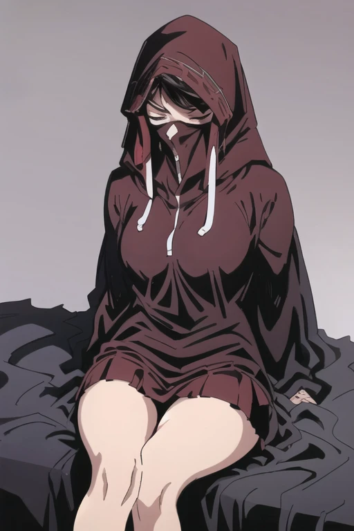 No name assassin, eyes closed breastscloak, robe, long skirt, mask, hood, cape, sitting, best quality, masterpiece, bedroom 