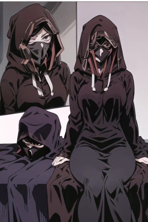 No name assassin, eyes closed breastscloak, robe, long skirt, mask, hood, cape, sitting, best quality, masterpiece, bedroom 
