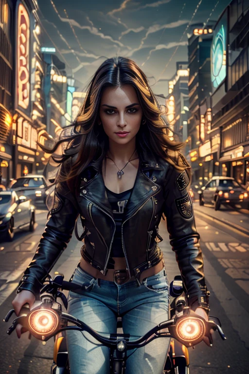 a girl in a harley, detailed face and eyes, long hair, leather jacket, jeans, riding a motorcycle, urban city background, neon lights, dynamic motion blur, cinematic lighting, vibrant colors, 8k, high resolution, photorealistic, intricate details, dramatic, cyberpunk style