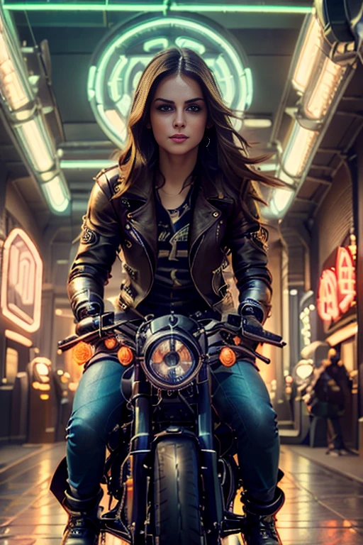 a girl in a harley, detailed face and eyes, long hair, leather jacket, jeans, riding a motorcycle, urban city background, neon lights, dynamic motion blur, cinematic lighting, vibrant colors, 8k, high resolution, photorealistic, intricate details, dramatic, cyberpunk style