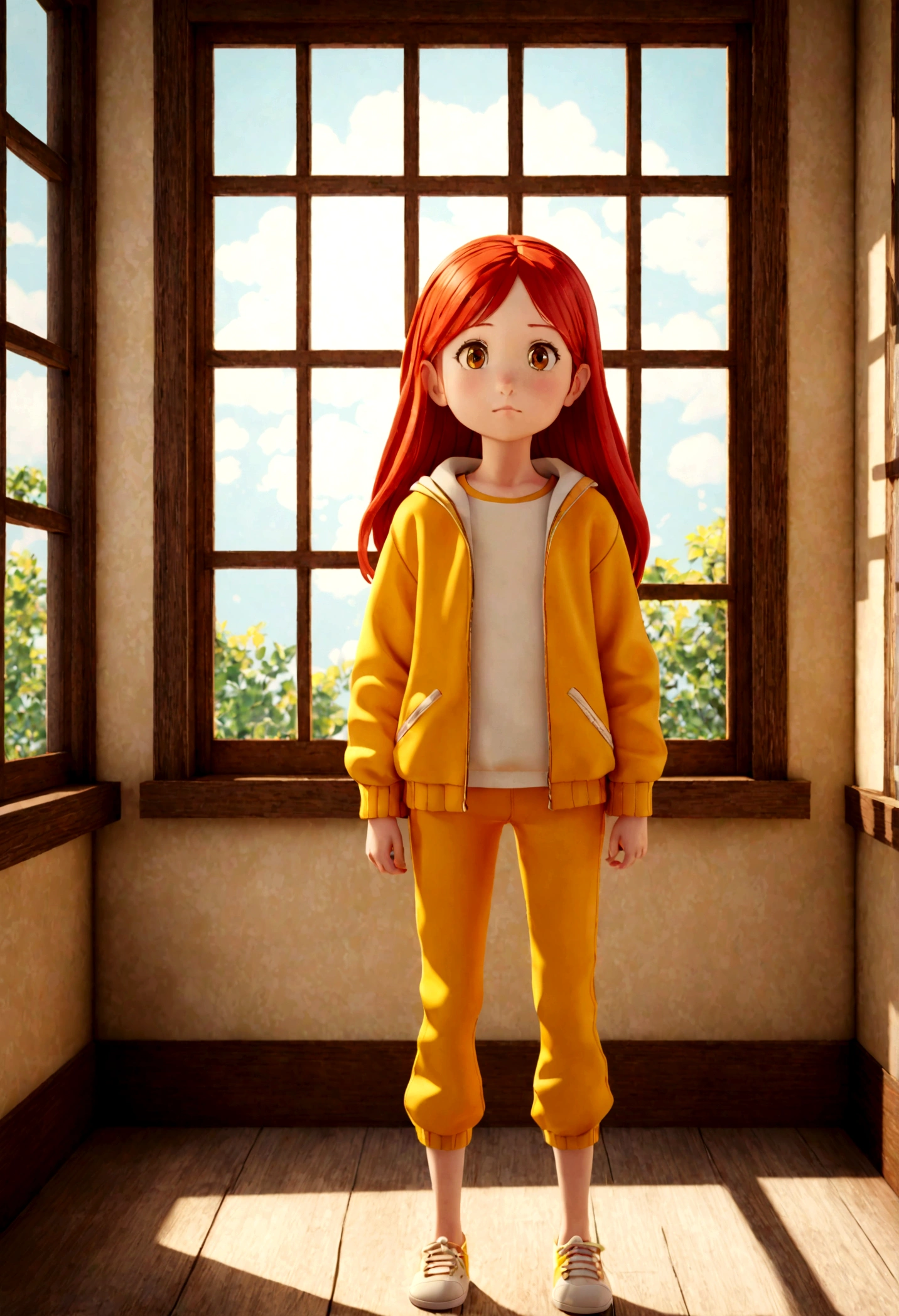 The image features a 3D animated character of a young girl with long red hair, wearing a yellow and orange outfit, standing in a room with a window.