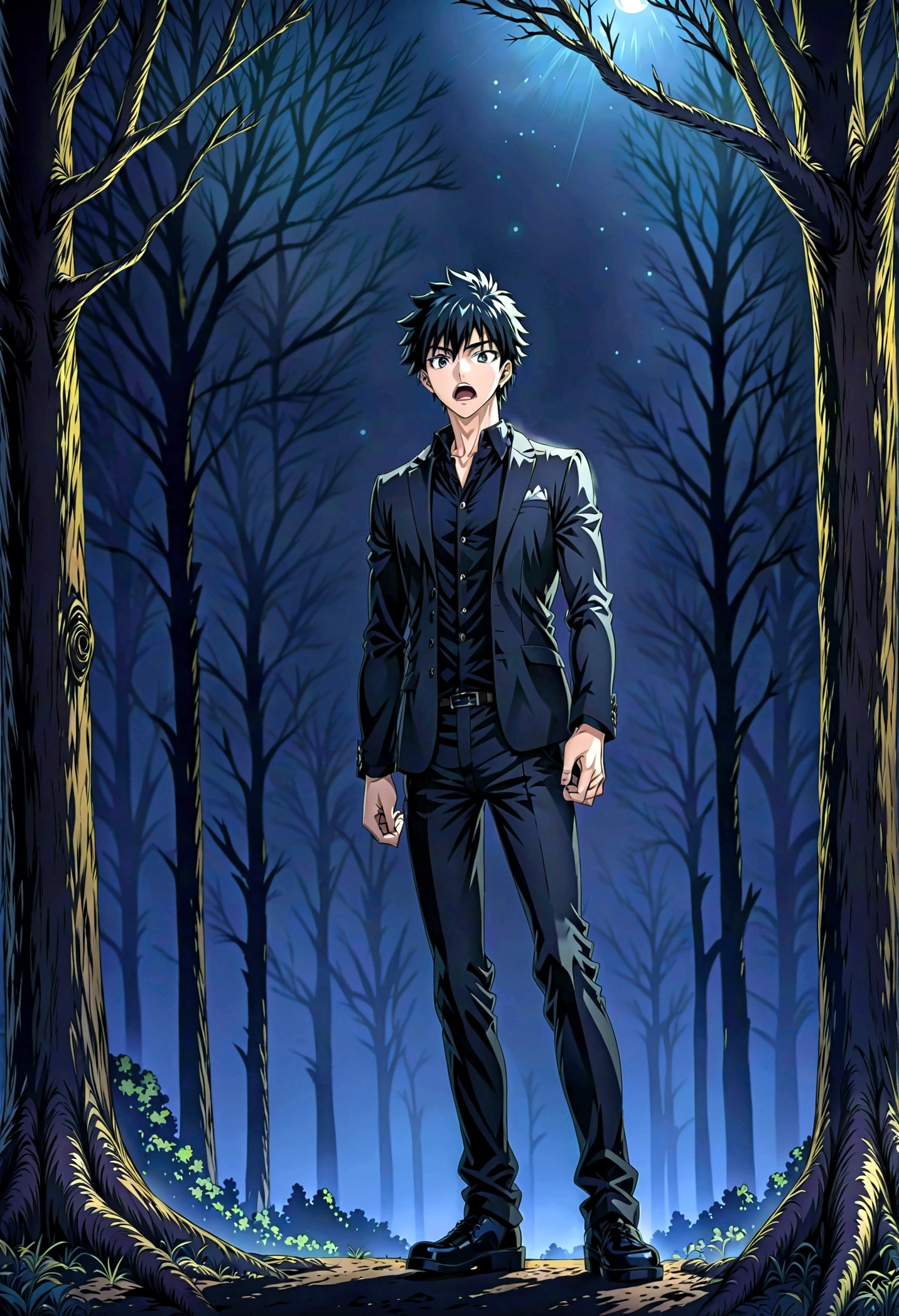 Anime Shōnen, whole body, Keeping your mouth open, Are standing, good looking, youth, in the forest, night, Digital anime illustration, Black Suit, Handsome, youth, cool,Casual clothing