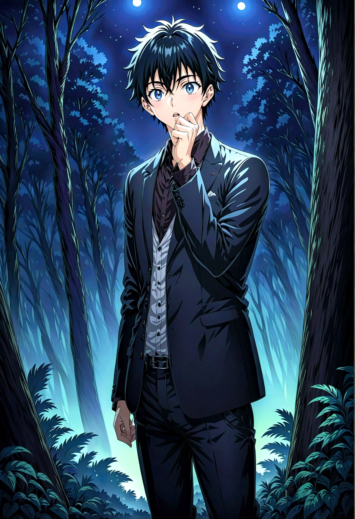 Anime Shōnen, whole body, Keeping your mouth open, Are standing, good looking, youth, in the forest, night, Digital anime illustration, Black Suit, Handsome, youth, cool,Casual clothing